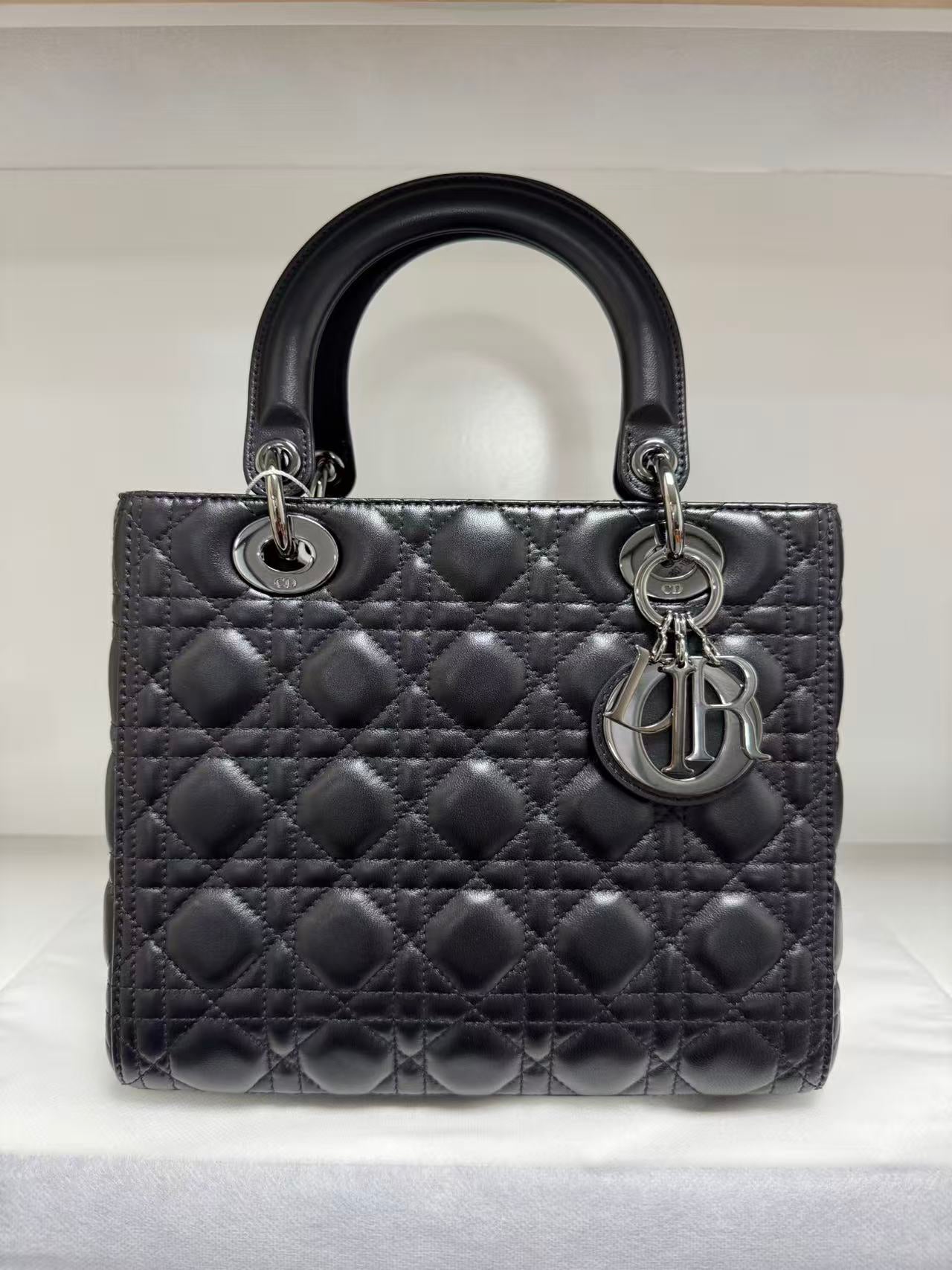 Pre-owned Certified Dior Medium Lady Dior Black Cannage Quilted Lambskin with Shiny Black Hardware, 2022, w/ Dior dust bag, leather strap