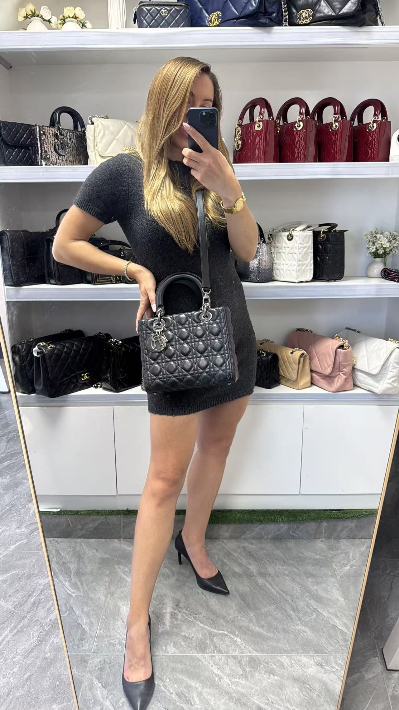 Pre-owned Certified Dior Medium Lady Dior Black Cannage Quilted Lambskin with Shiny Black Hardware, 2022, w/ Dior dust bag, leather strap