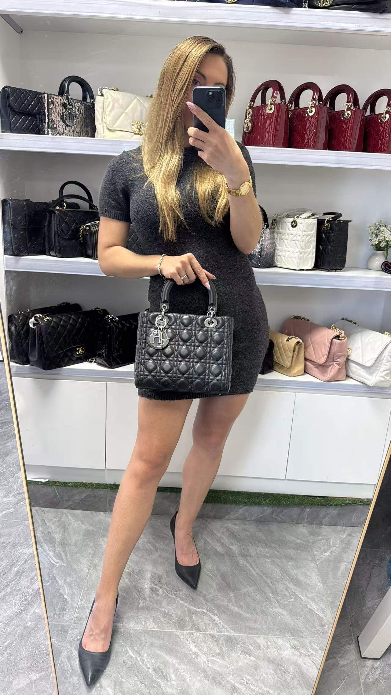 Pre-owned Certified Dior Medium Lady Dior Black Cannage Quilted Lambskin with Shiny Black Hardware, 2022, w/ Dior dust bag, leather strap