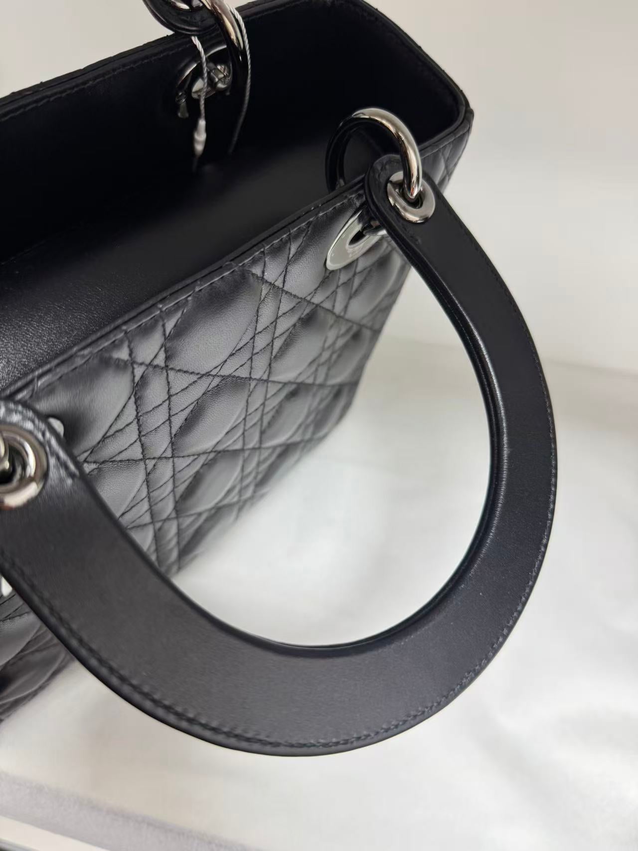 Pre-owned Certified Dior Medium Lady Dior Black Cannage Quilted Lambskin with Shiny Black Hardware, 2022, w/ Dior dust bag, leather strap