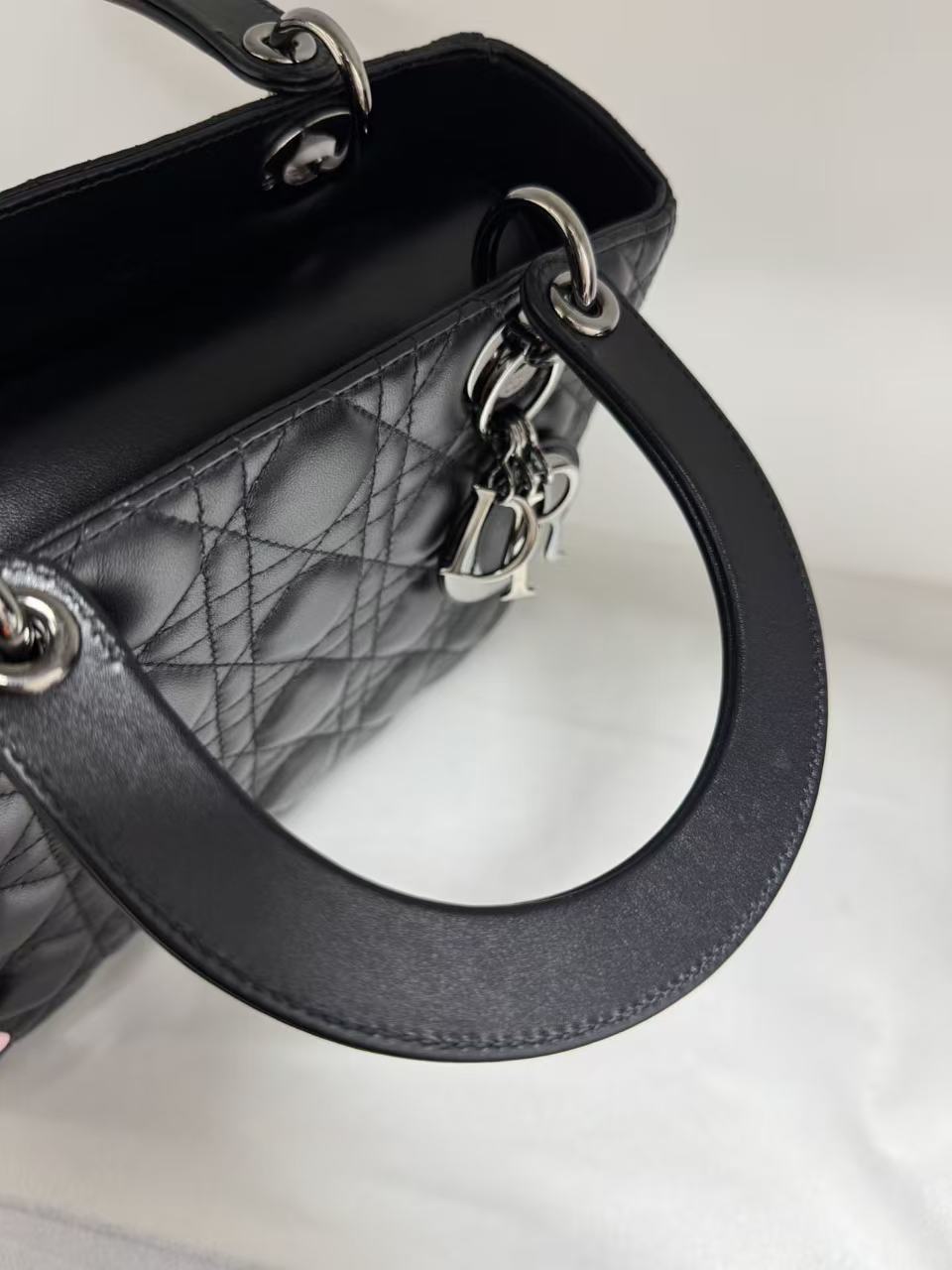 Pre-owned Certified Dior Medium Lady Dior Black Cannage Quilted Lambskin with Shiny Black Hardware, 2022, w/ Dior dust bag, leather strap