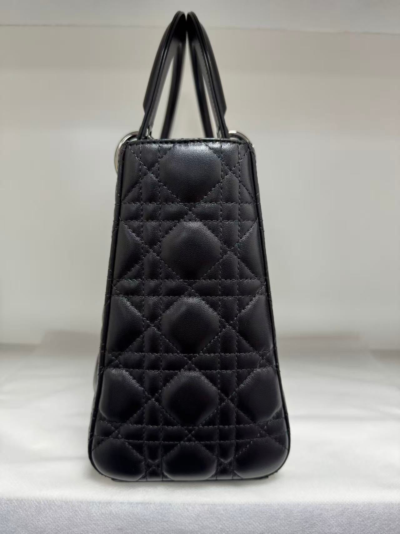 Pre-owned Certified Dior Medium Lady Dior Black Cannage Quilted Lambskin with Shiny Black Hardware, 2022, w/ Dior dust bag, leather strap