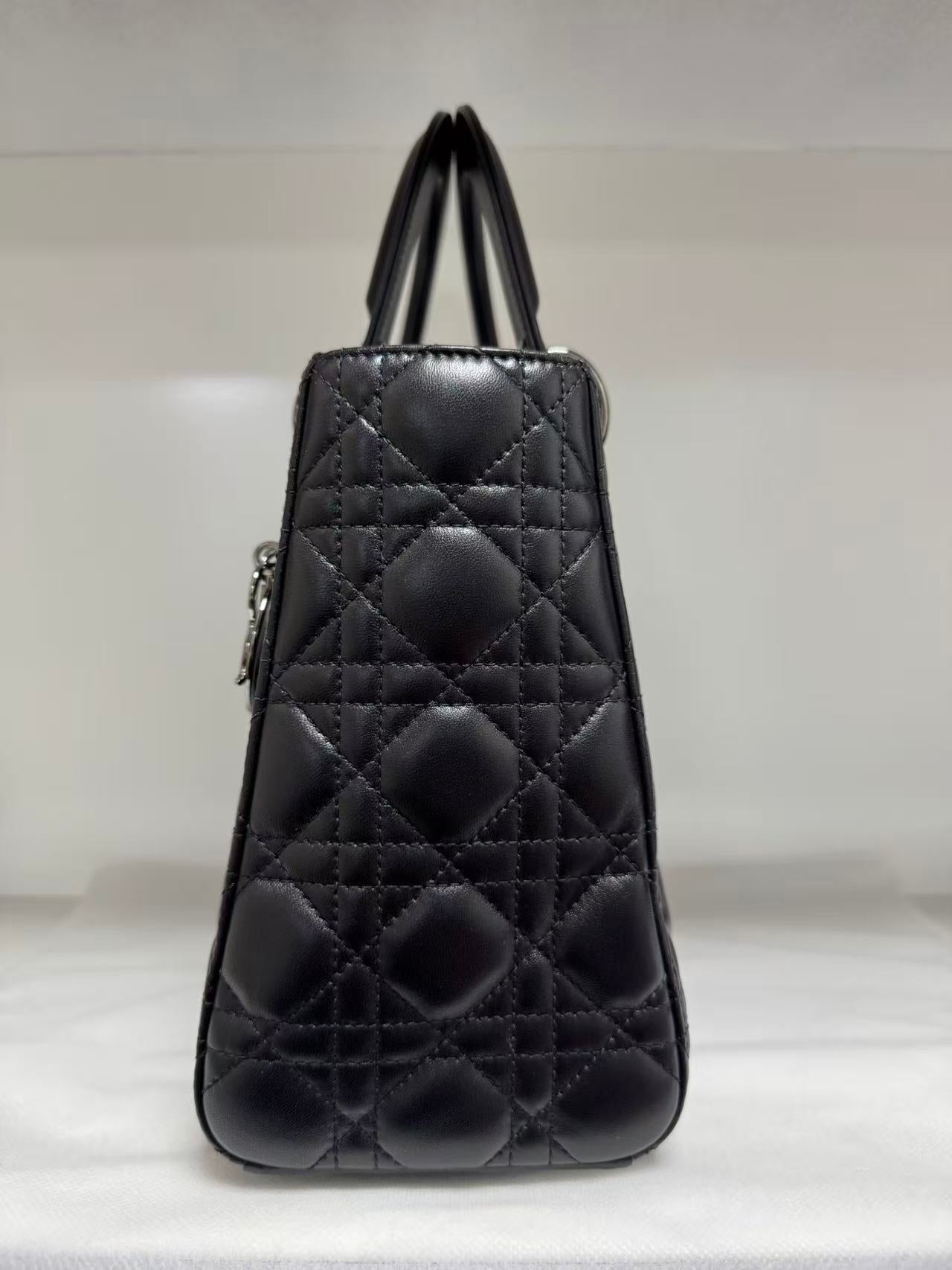 Pre-owned Certified Dior Medium Lady Dior Black Cannage Quilted Lambskin with Shiny Black Hardware, 2022, w/ Dior dust bag, leather strap