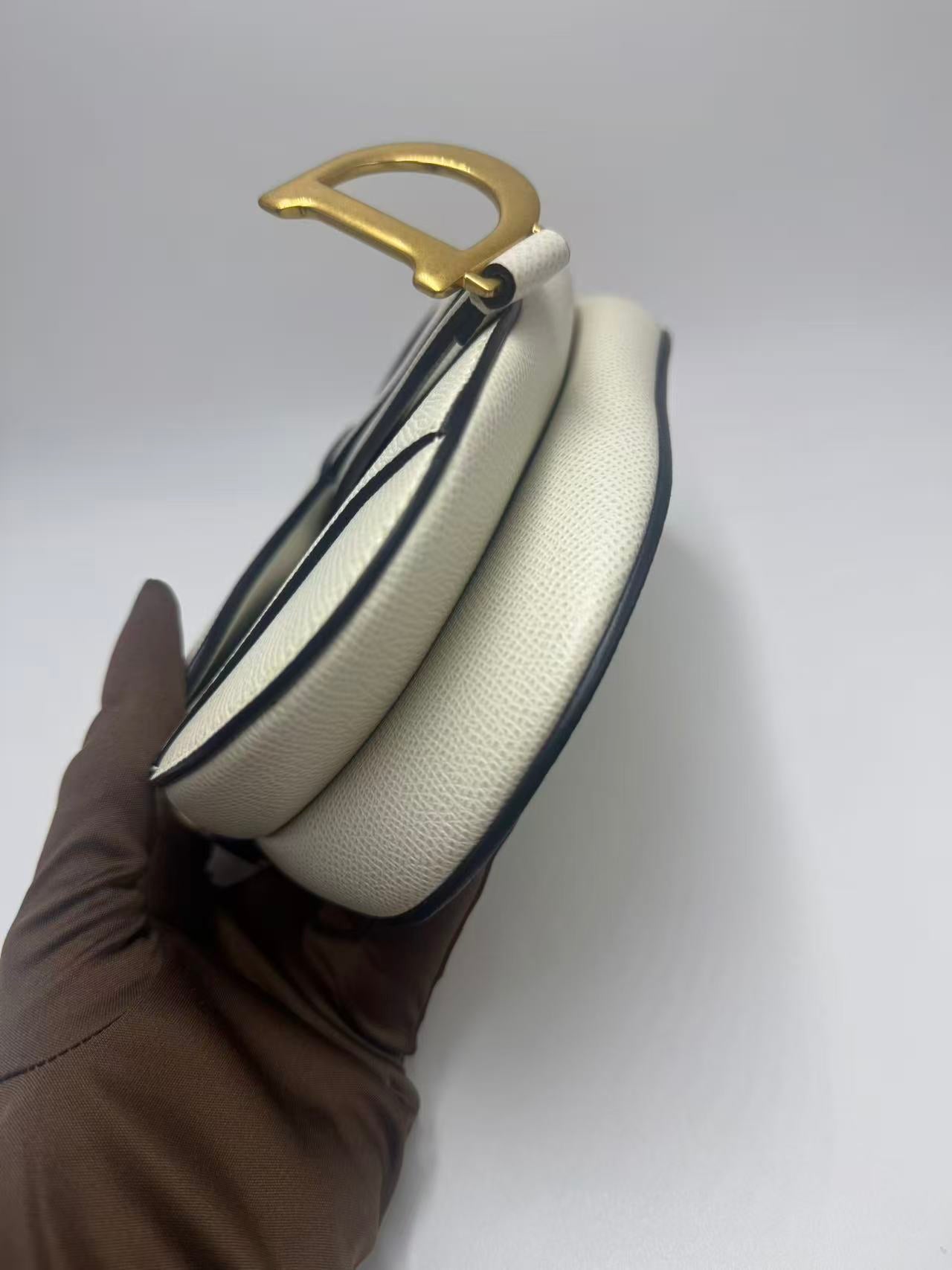 Pre-owned Certified Dior Mini Saddle White Grained Calfskin with Golden Hardware, New Model with Leather Strap, 2022, w/ full set