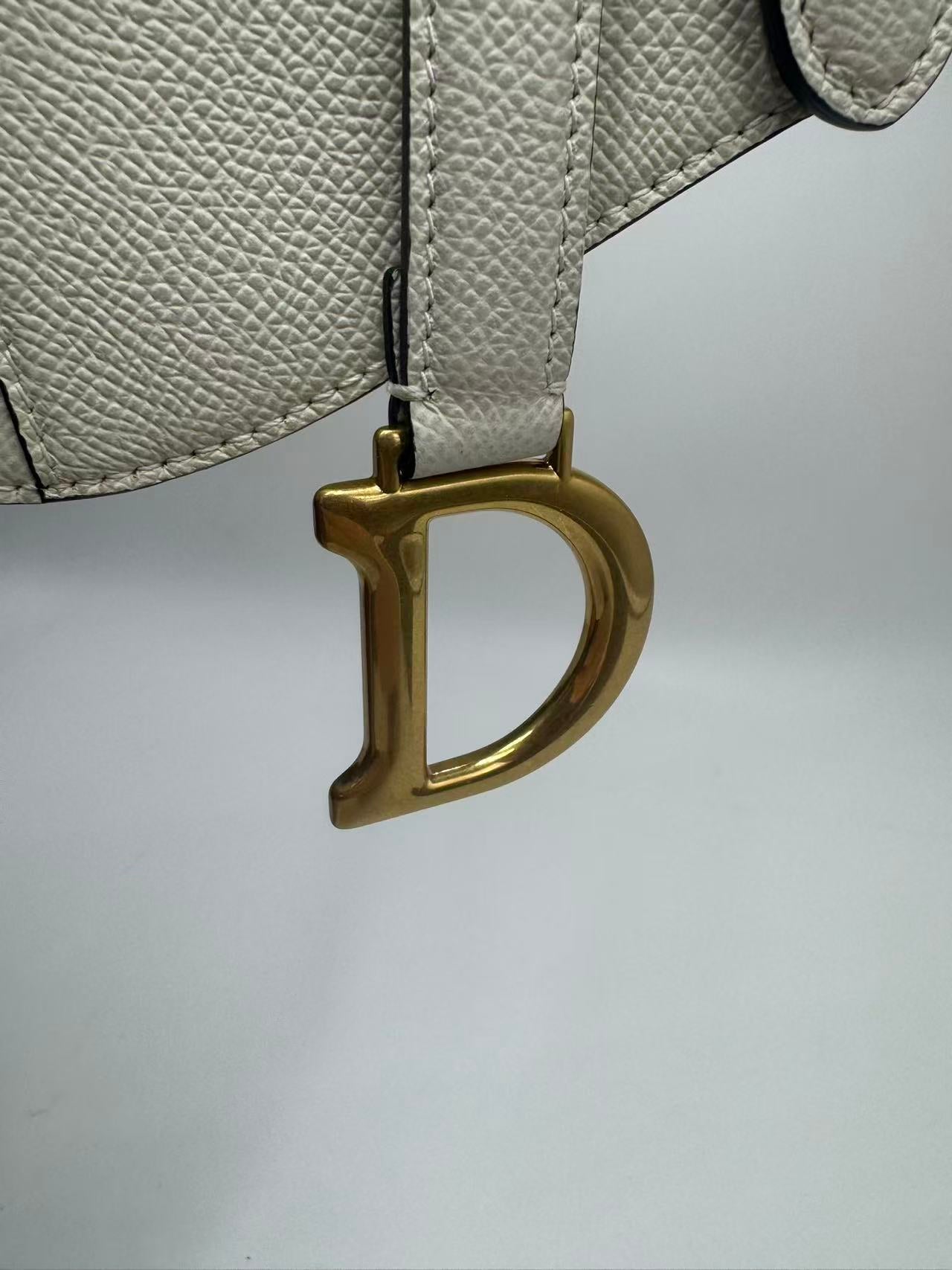 Pre-owned Certified Dior Mini Saddle White Grained Calfskin with Golden Hardware, New Model with Leather Strap, 2022, w/ full set