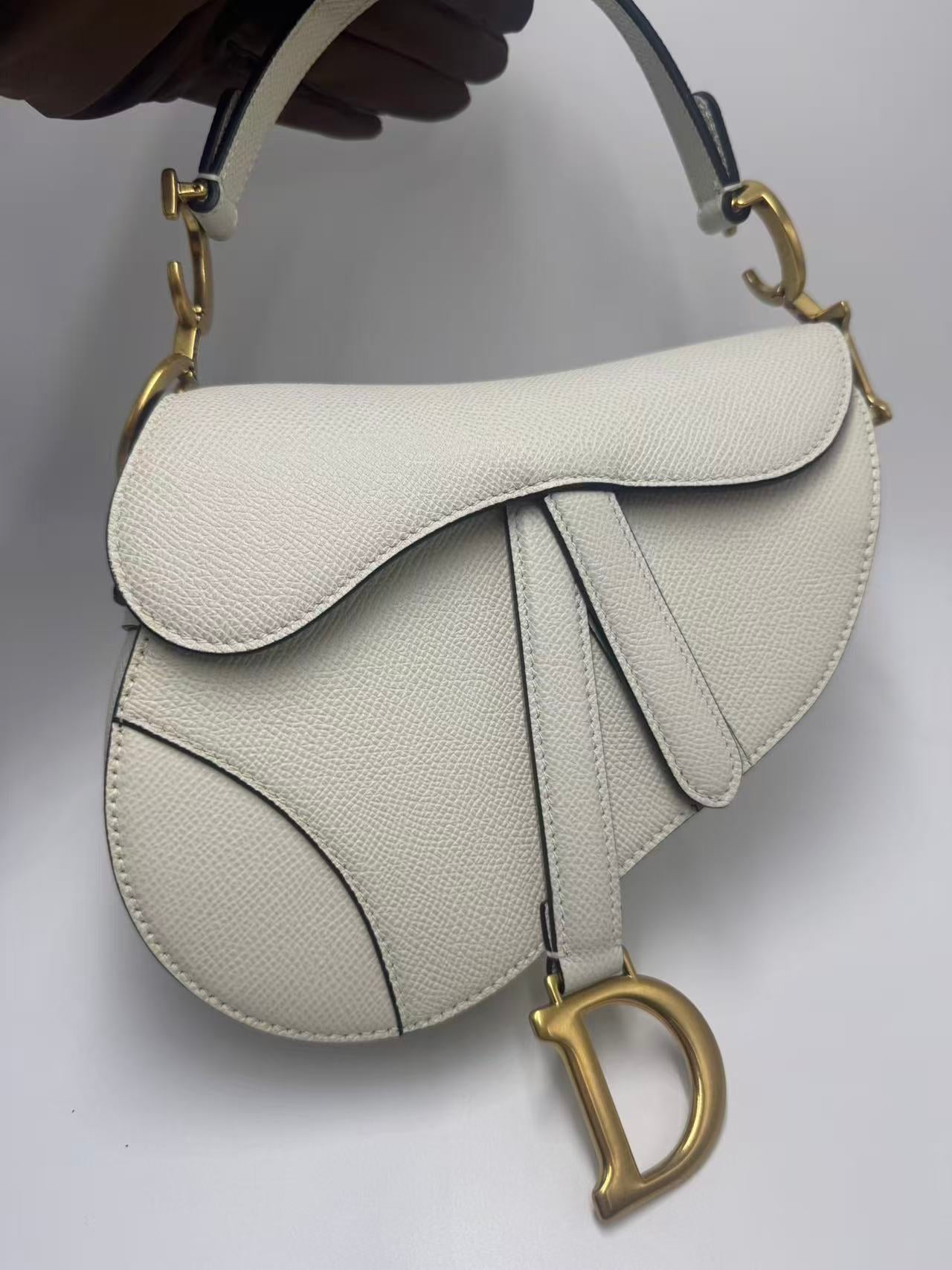 Pre-owned Certified Dior Mini Saddle White Grained Calfskin with Golden Hardware, New Model with Leather Strap, 2022, w/ full set