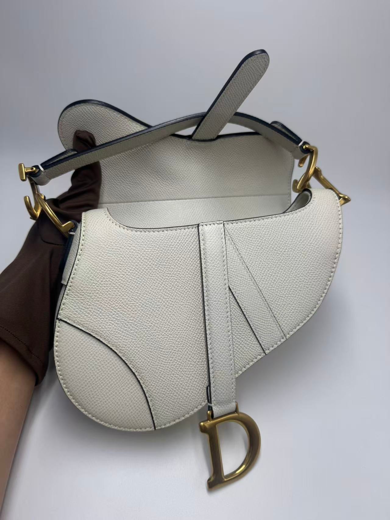 Pre-owned Certified Dior Mini Saddle White Grained Calfskin with Golden Hardware, New Model with Leather Strap, 2022, w/ full set