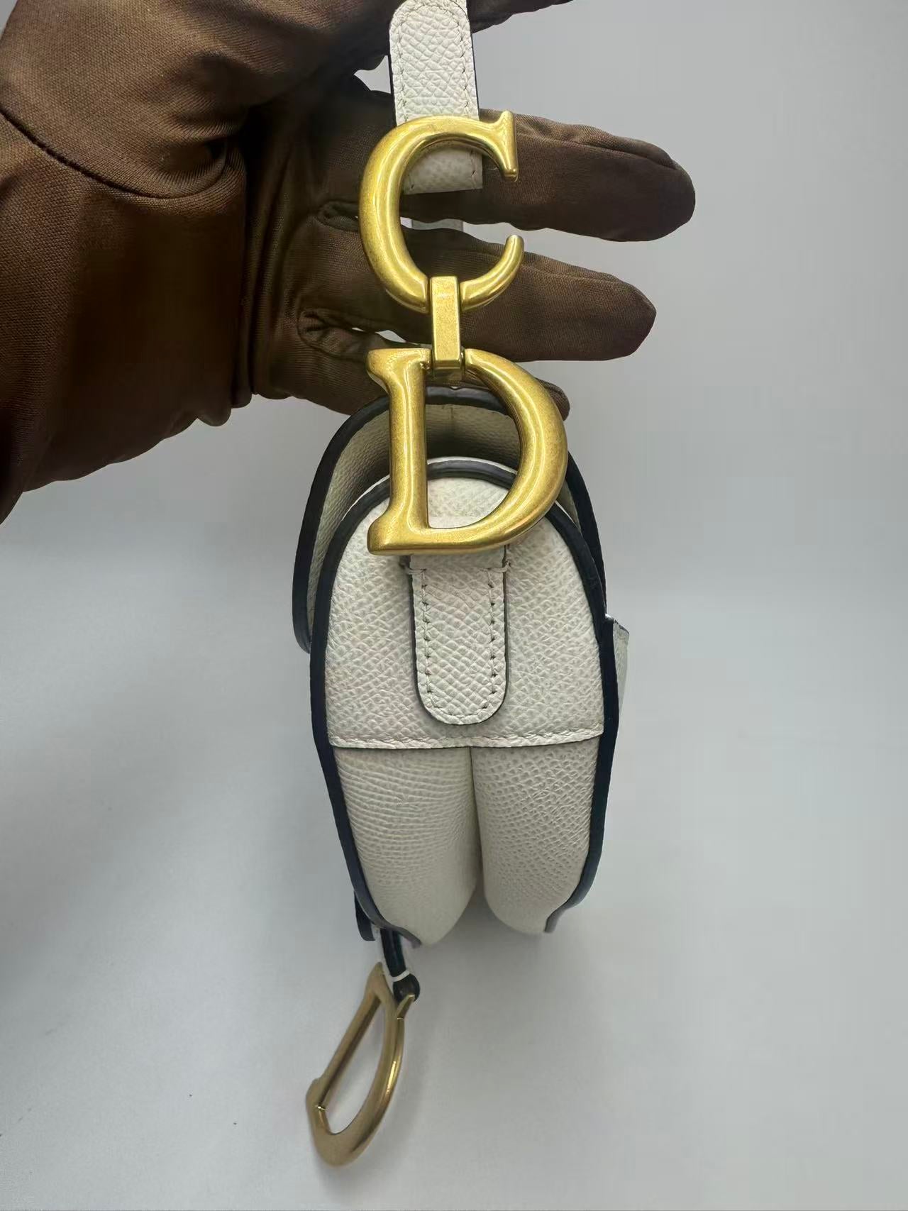 Pre-owned Certified Dior Mini Saddle White Grained Calfskin with Golden Hardware, New Model with Leather Strap, 2022, w/ full set