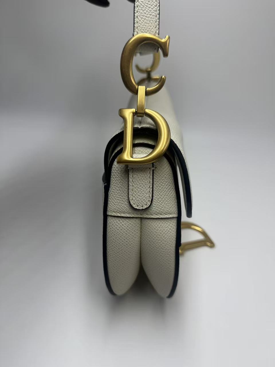 Pre-owned Certified Dior Mini Saddle White Grained Calfskin with Golden Hardware, New Model with Leather Strap, 2022, w/ full set