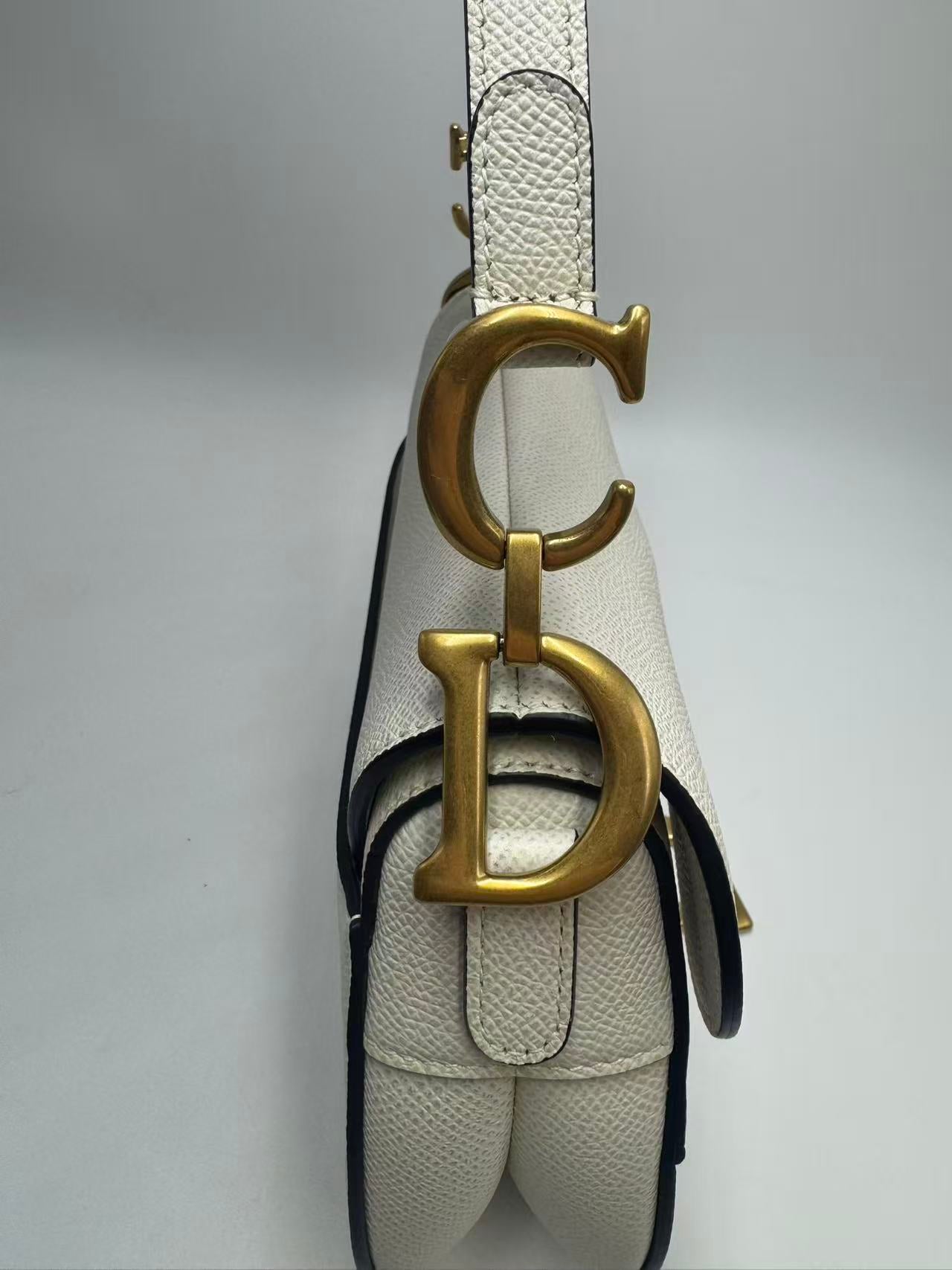 Pre-owned Certified Dior Mini Saddle White Grained Calfskin with Golden Hardware, New Model with Leather Strap, 2022, w/ full set