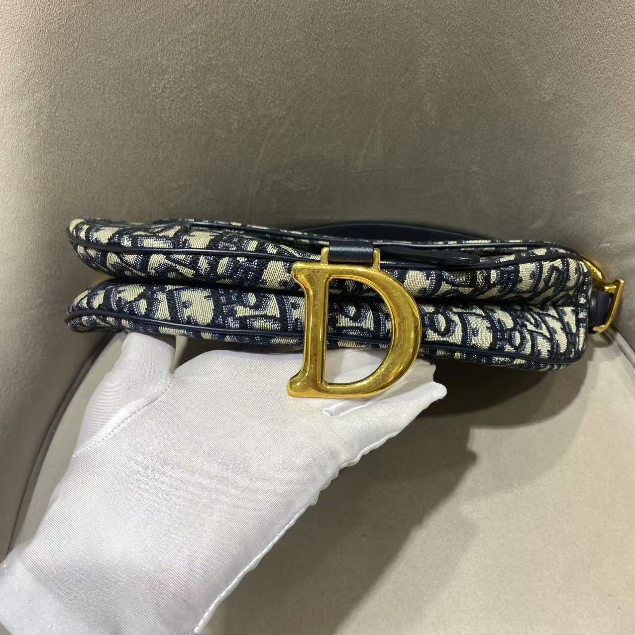 Pre-owned Certified Dior Saddle Bag Blue Oblique Canvas with Golden Hardware, w/ dust bag