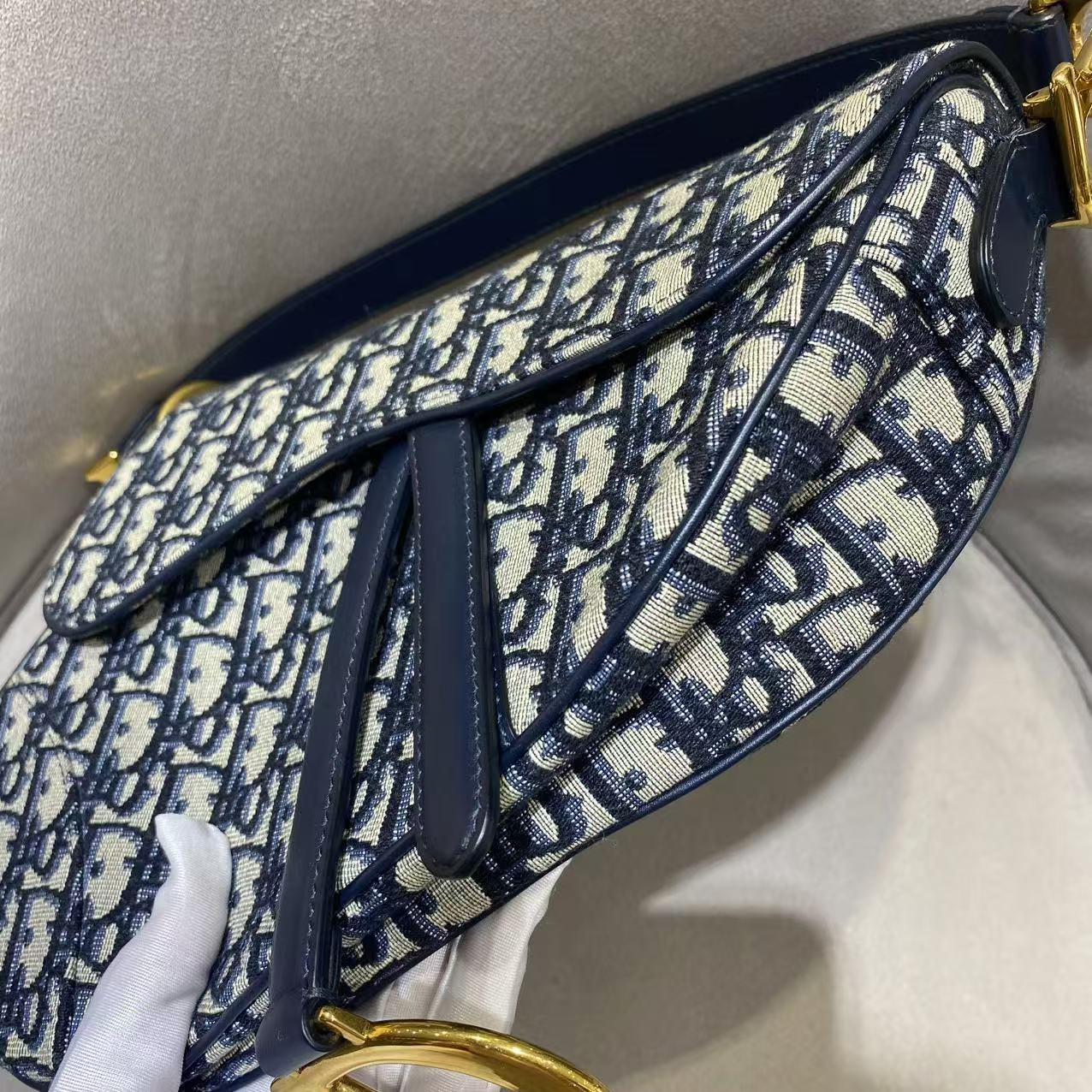 Pre-owned Certified Dior Saddle Bag Blue Oblique Canvas with Golden Hardware, w/ dust bag