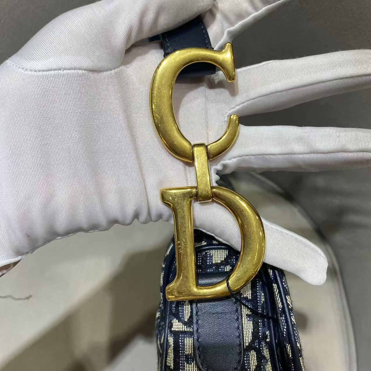 Pre-owned Certified Dior Saddle Bag Blue Oblique Canvas with Golden Hardware, w/ dust bag