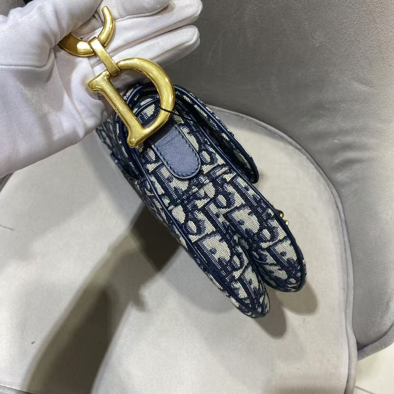 Pre-owned Certified Dior Saddle Bag Blue Oblique Canvas with Golden Hardware, w/ dust bag