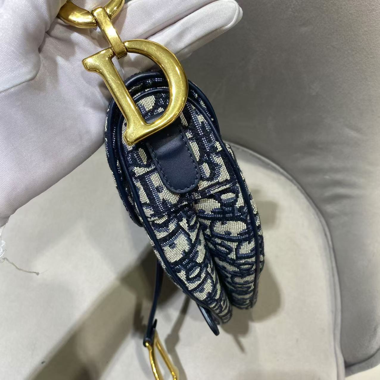 Pre-owned Certified Dior Saddle Bag Blue Oblique Canvas with Golden Hardware, w/ dust bag