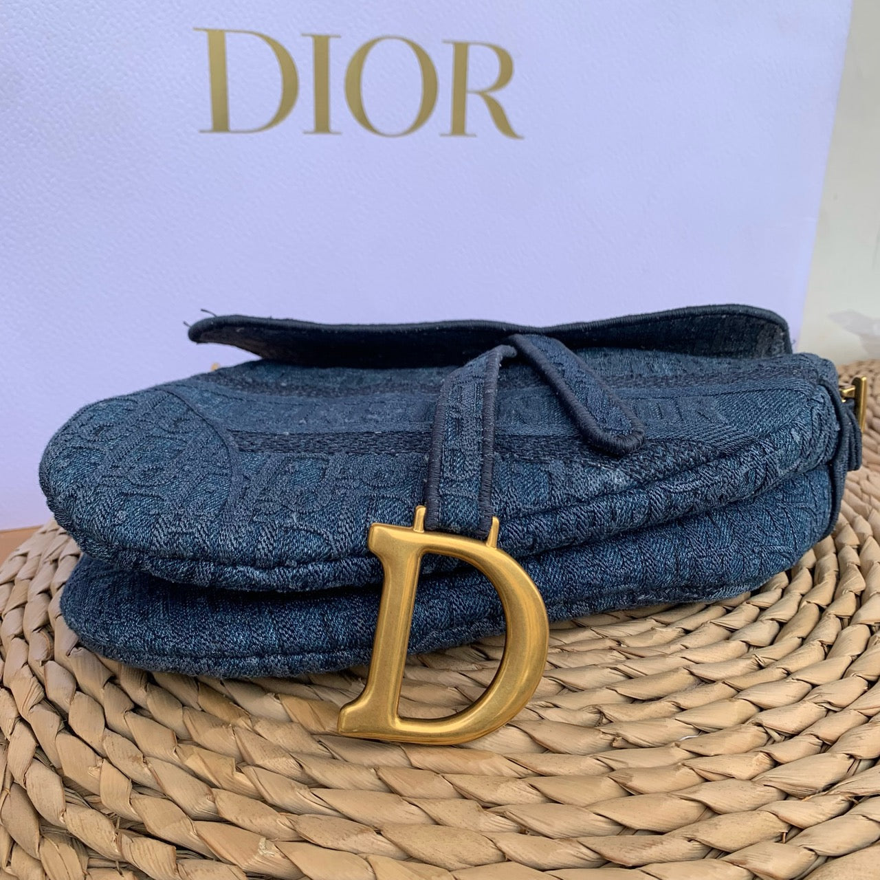 Pre-owned Certified Dior Saddle Bag Denim Oblique, 2019, w/ dust bag 
