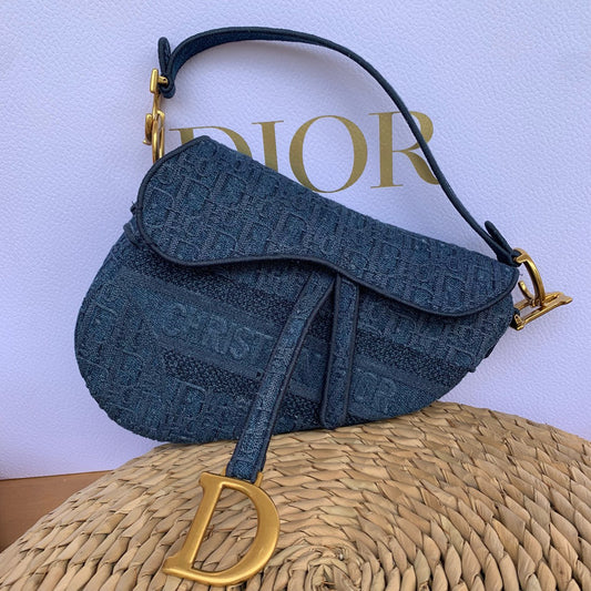 Pre-owned Certified Dior Saddle Bag Denim Oblique, 2019, w/ dust bag 