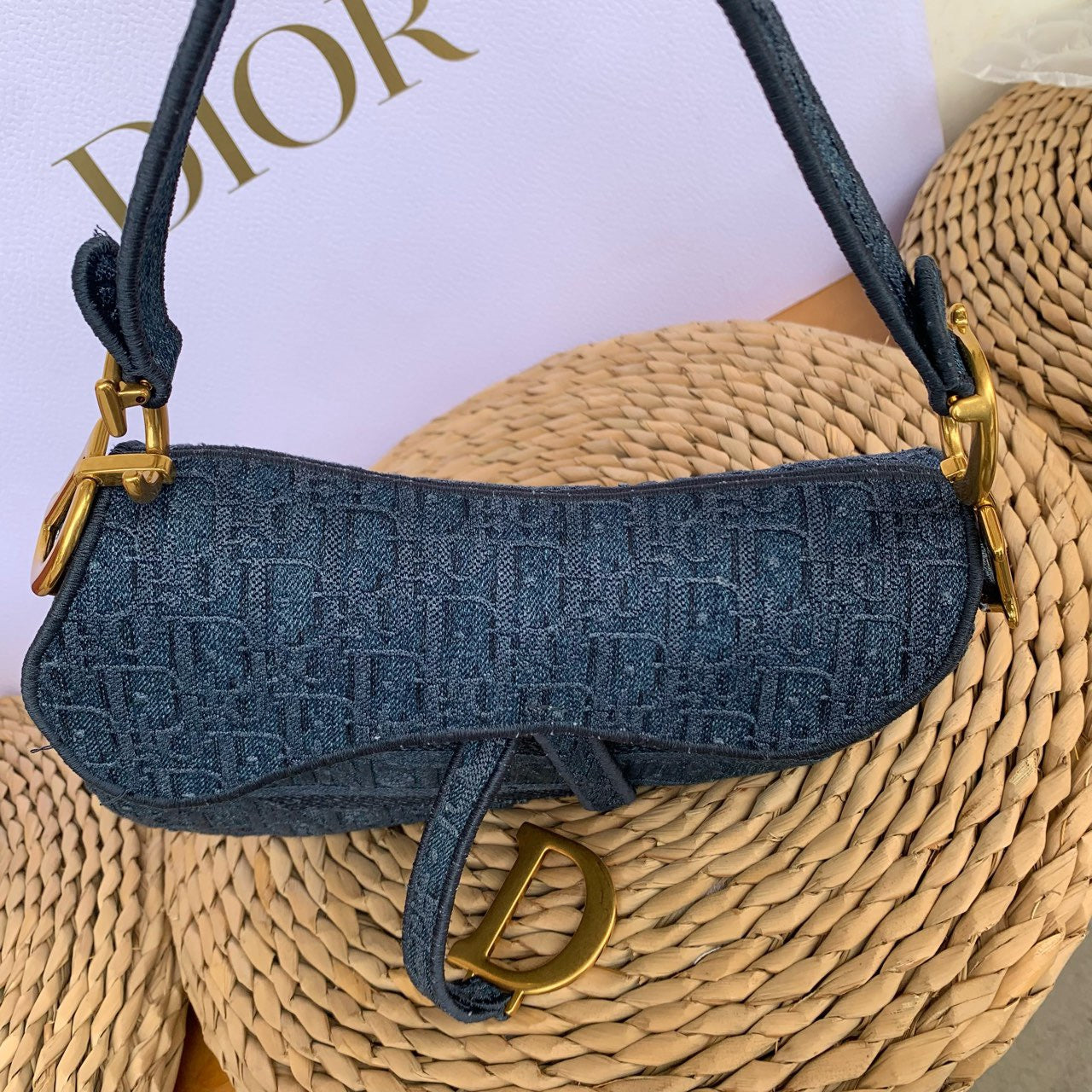 Pre-owned Certified Dior Saddle Bag Denim Oblique, 2019, w/ dust bag 