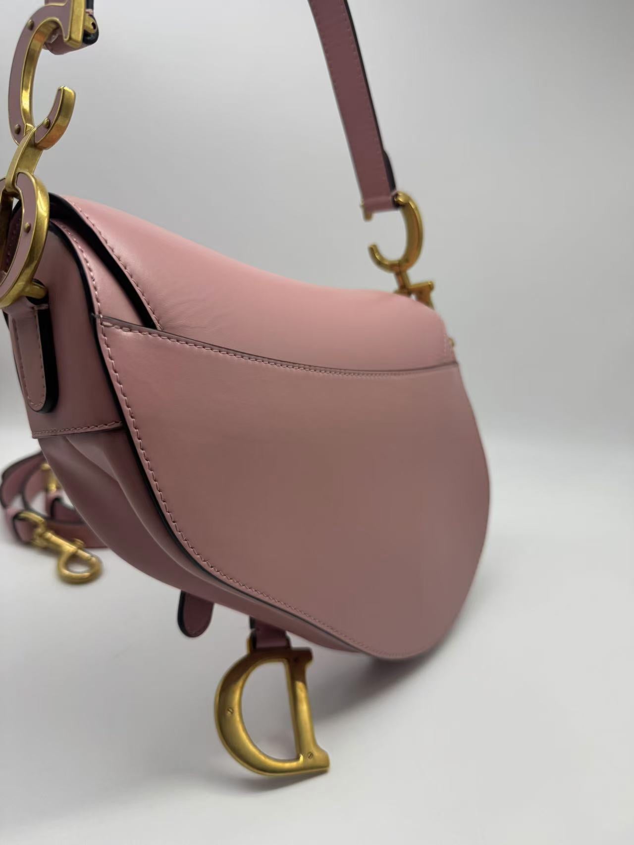 Pre-owned Certified Dior Saddle Bag Sakura Pink Smooth Calfskin with Leather CD logo and Golden Hardware, 2023 New Model, w/ strap, dust bag
