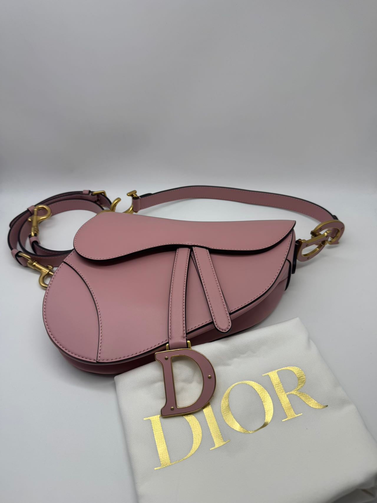 Pre-owned Certified Dior Saddle Bag Sakura Pink Smooth Calfskin with Leather CD logo and Golden Hardware, 2023 New Model, w/ strap, dust bag