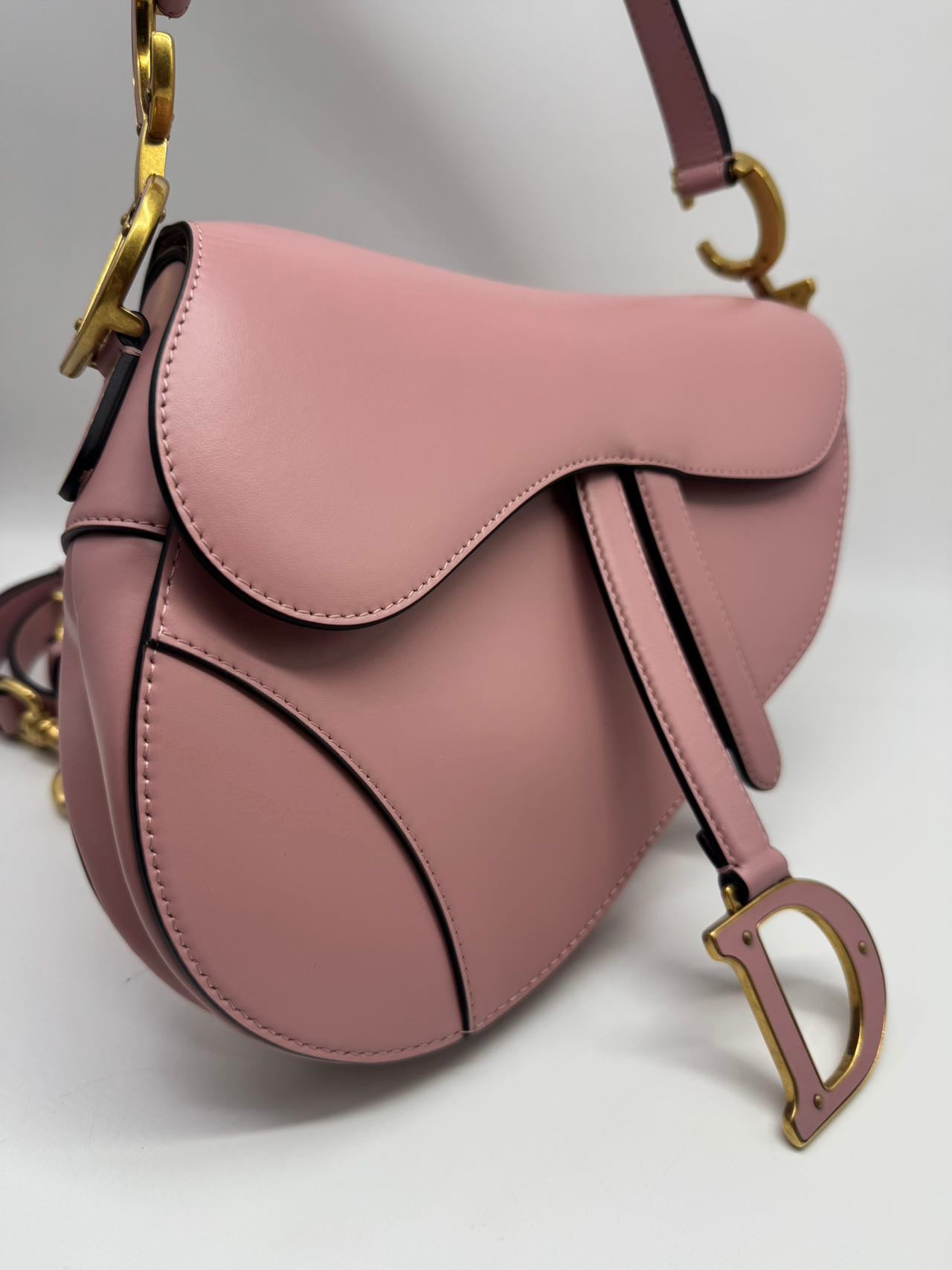 Pre-owned Certified Dior Saddle Bag Sakura Pink Smooth Calfskin with Leather CD logo and Golden Hardware, 2023 New Model, w/ strap, dust bag