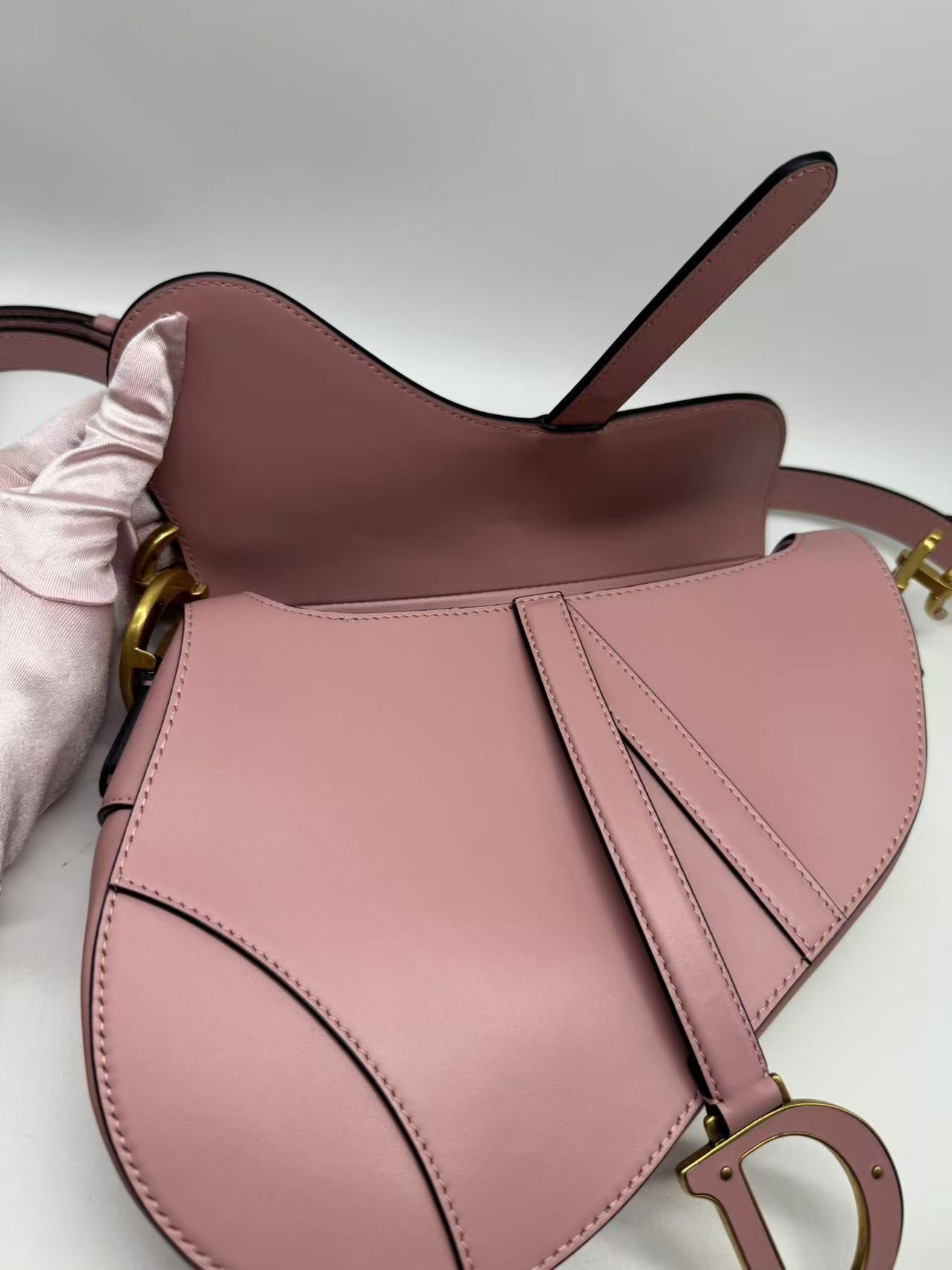 Pre-owned Certified Dior Saddle Bag Sakura Pink Smooth Calfskin with Leather CD logo and Golden Hardware, 2023 New Model, w/ strap, dust bag