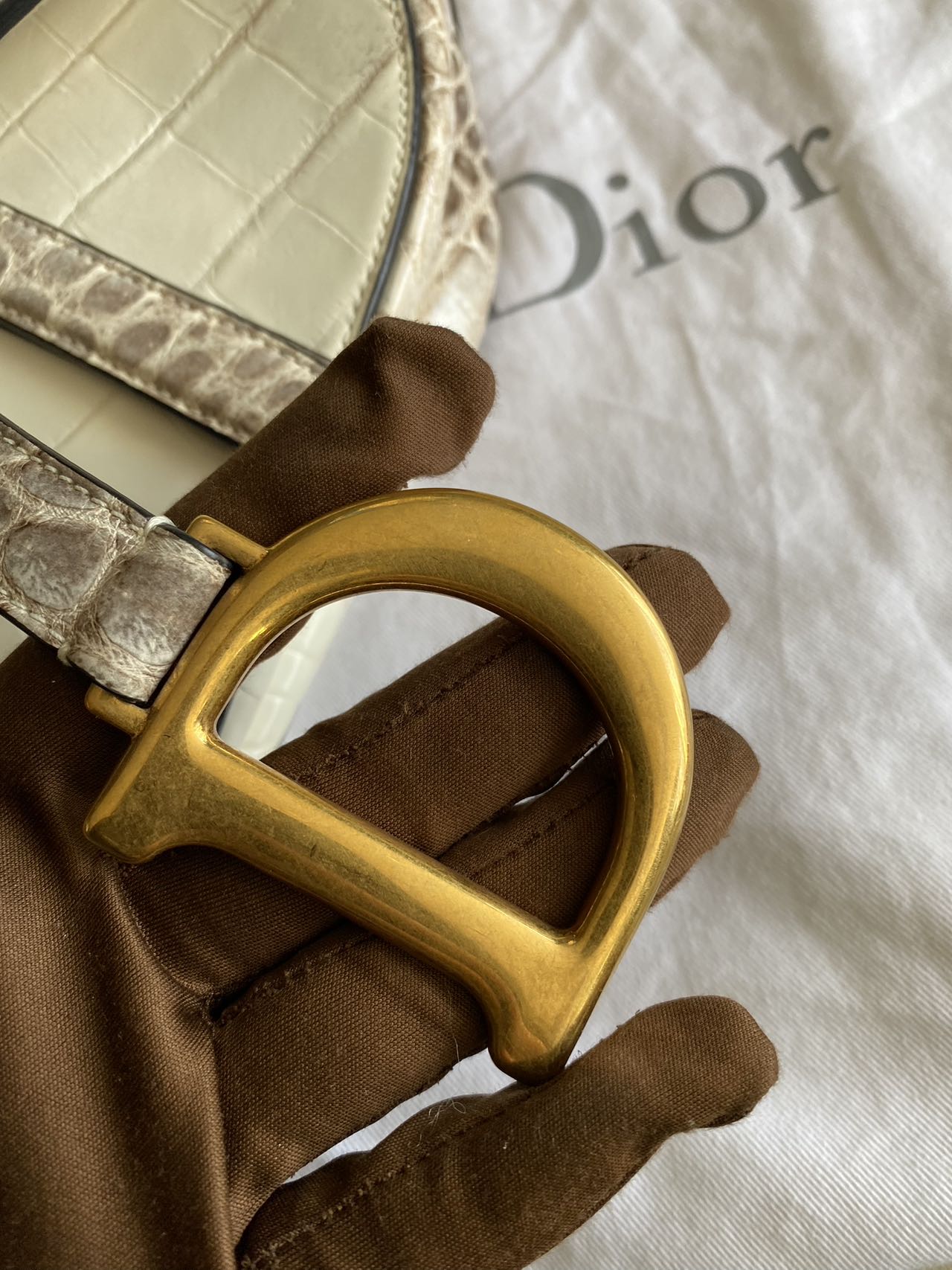 Pre-owned Certified Dior Saddle Bag in Natural Alligator Himalayan with Golden Hardware, 2019, w/ dust bag, box