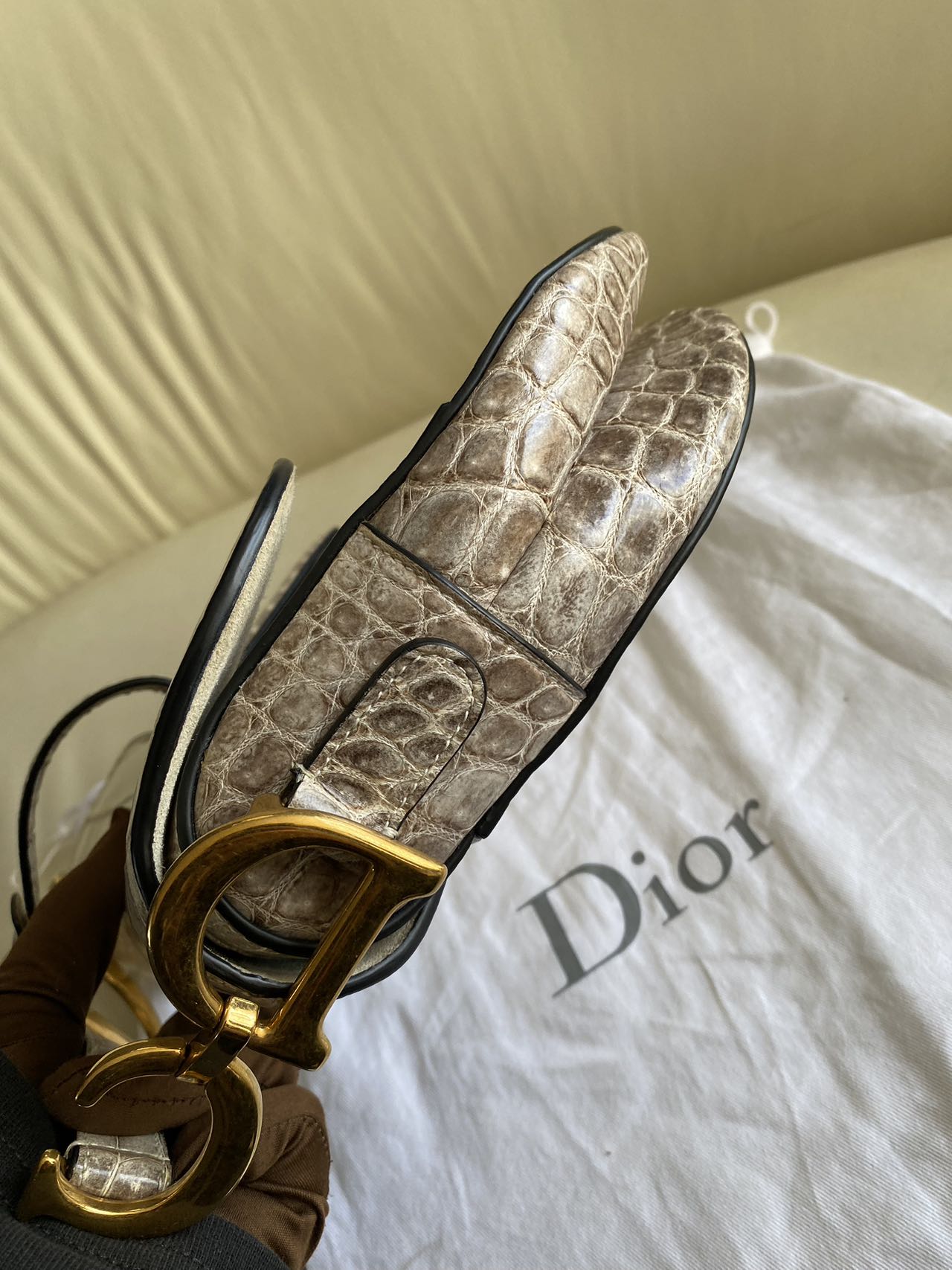 Pre-owned Certified Dior Saddle Bag in Natural Alligator Himalayan with Golden Hardware, 2019, w/ dust bag, box