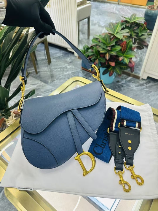Pre-owned Certified Dior Saddle Medium Sky Blue Grained Calfskin, 2019, w/ long strap and dust bag