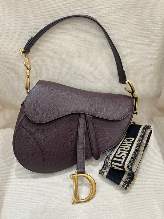 Pre-owned Certified Dior Saddle in Burgundy Brown Grained Calfskin with Golden Hardware, 2018, w/ dust bag, Dior canvas strap