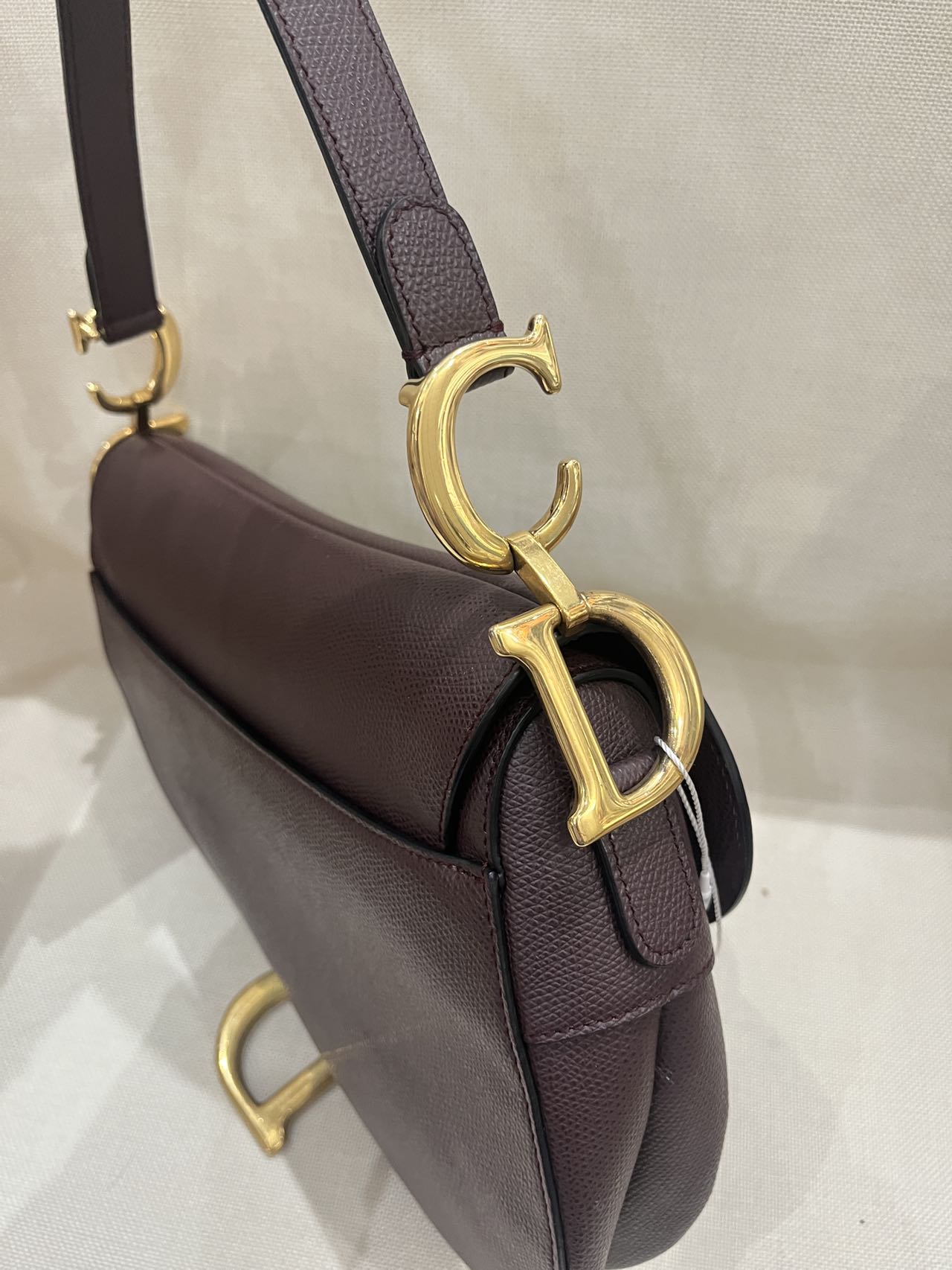 Pre-owned Certified Dior Saddle in Burgundy Brown Grained Calfskin with Golden Hardware, 2018, w/ dust bag, Dior canvas strap