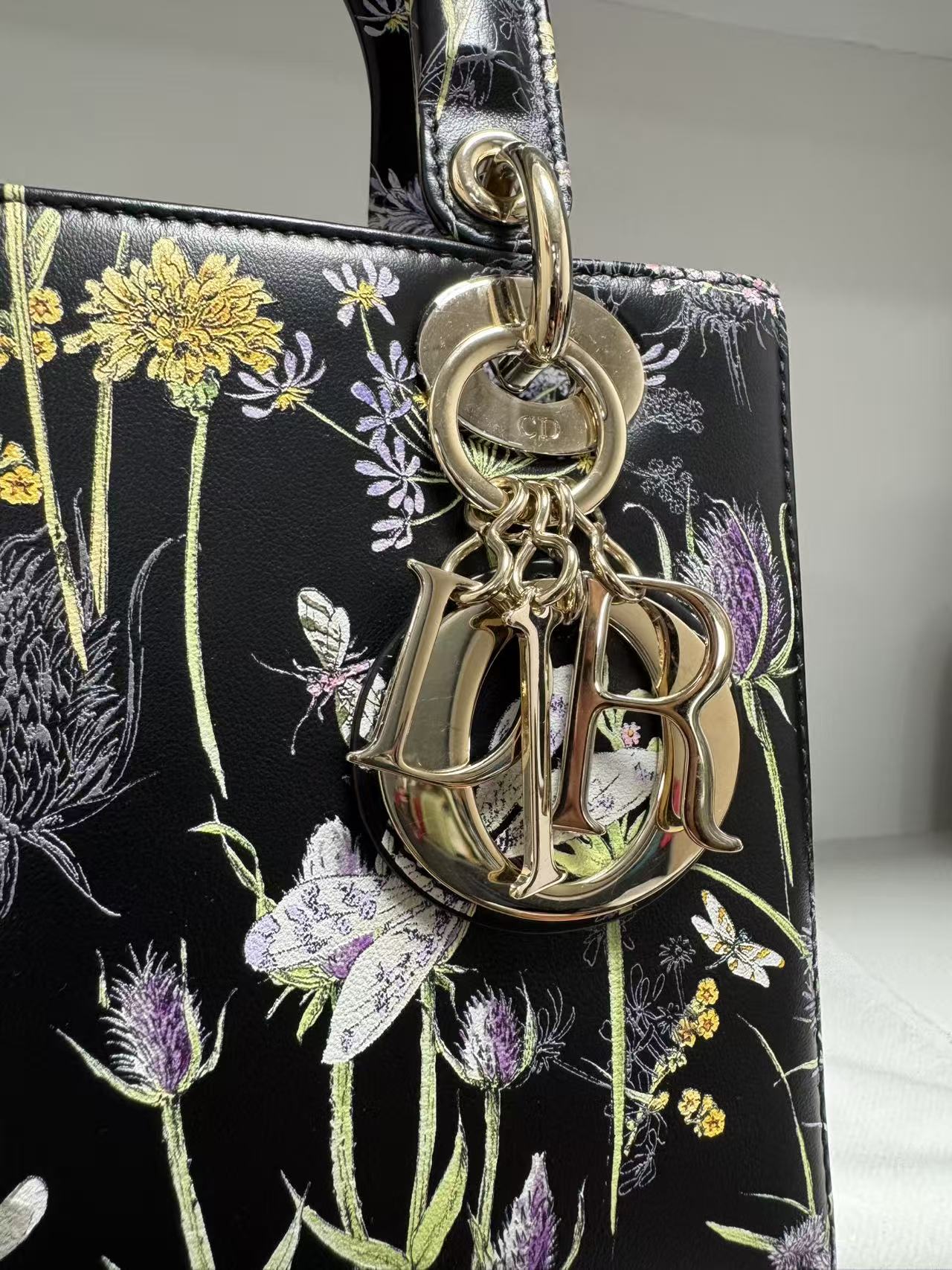 Pre-owned Certified Dior Small Lady Dior Black Calfskin with Painted Floral Pattern with Light Golden Hardware, 2024, w/ full set