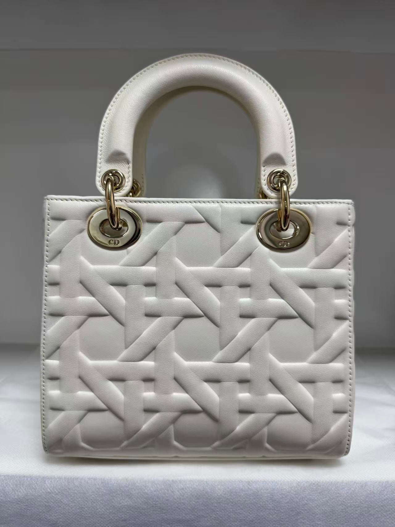 Pre-owned Certified Dior Small Lady Dior Cream White Lambskin Cannage with Light Golden Hardware, 2024, w/ full set