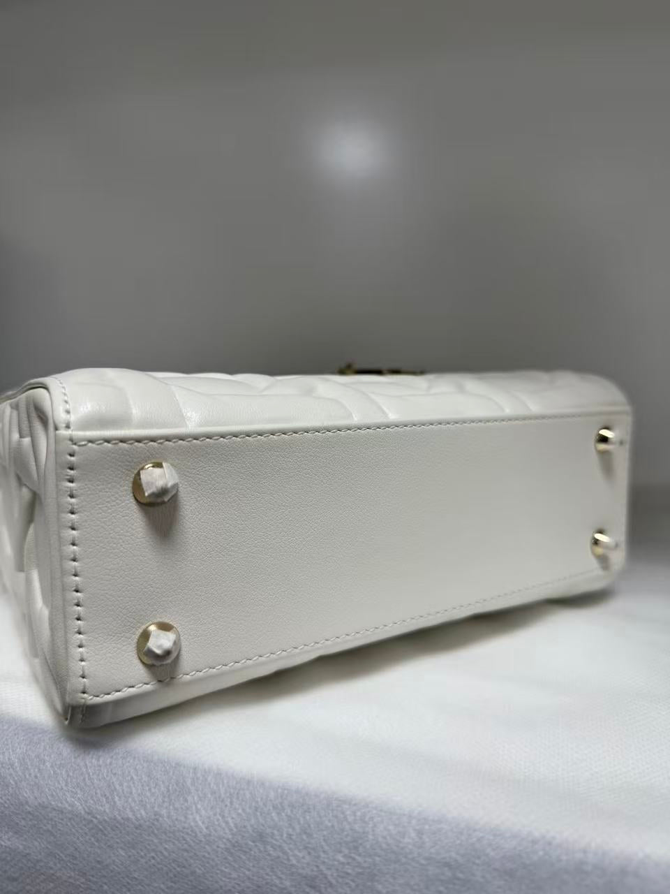 Pre-owned Certified Dior Small Lady Dior Cream White Lambskin Cannage with Light Golden Hardware, 2024, w/ full set