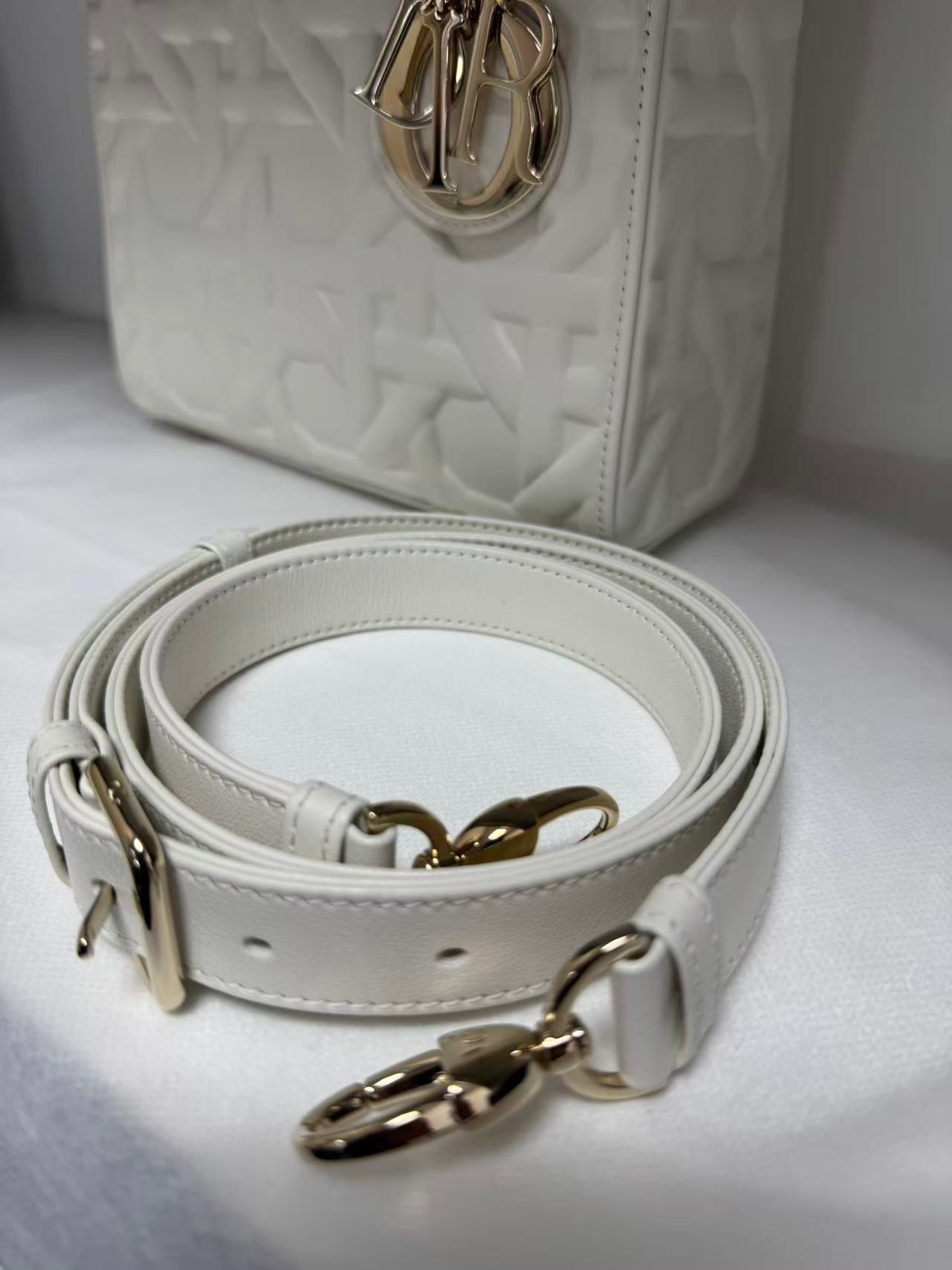 Pre-owned Certified Dior Small Lady Dior Cream White Lambskin Cannage with Light Golden Hardware, 2024, w/ full set