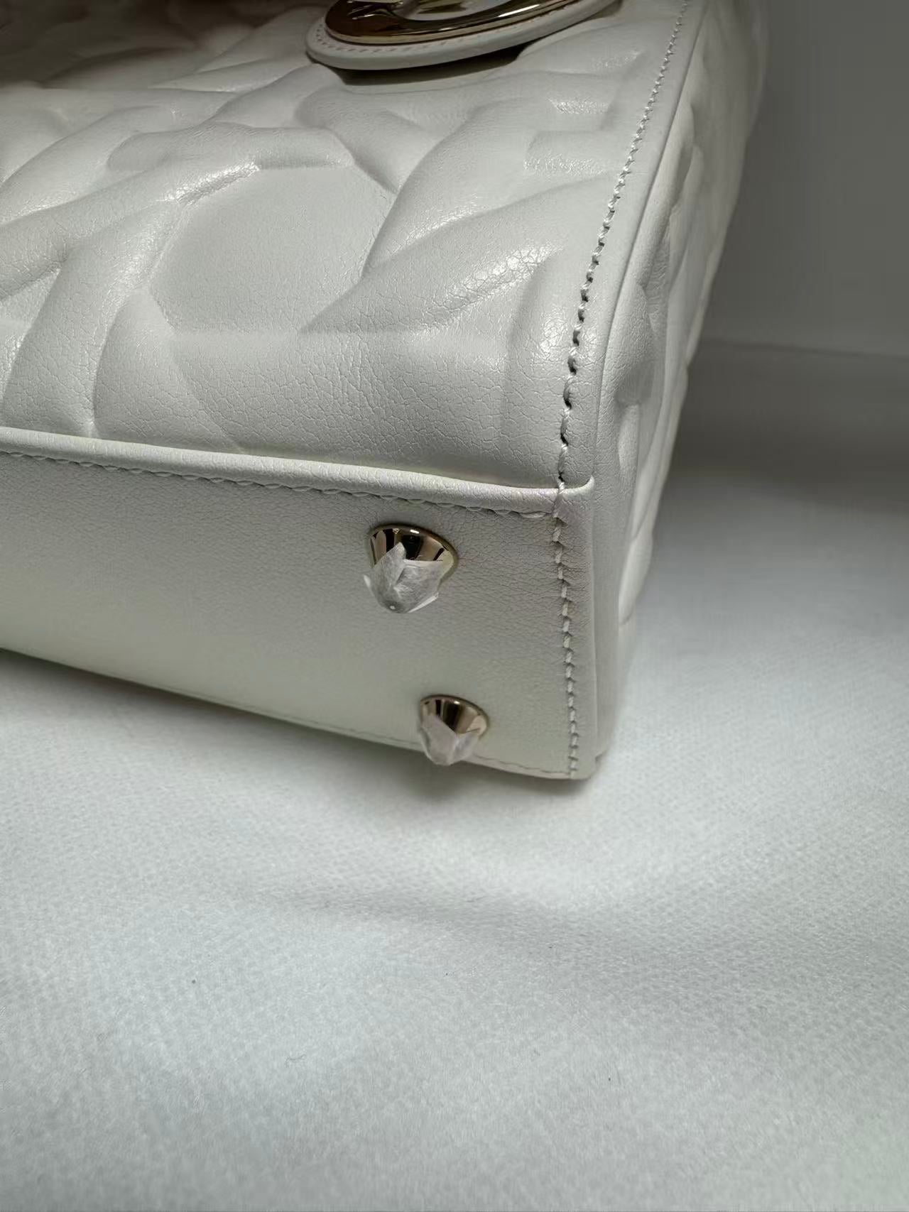 Pre-owned Certified Dior Small Lady Dior Cream White Lambskin Cannage with Light Golden Hardware, 2024, w/ full set