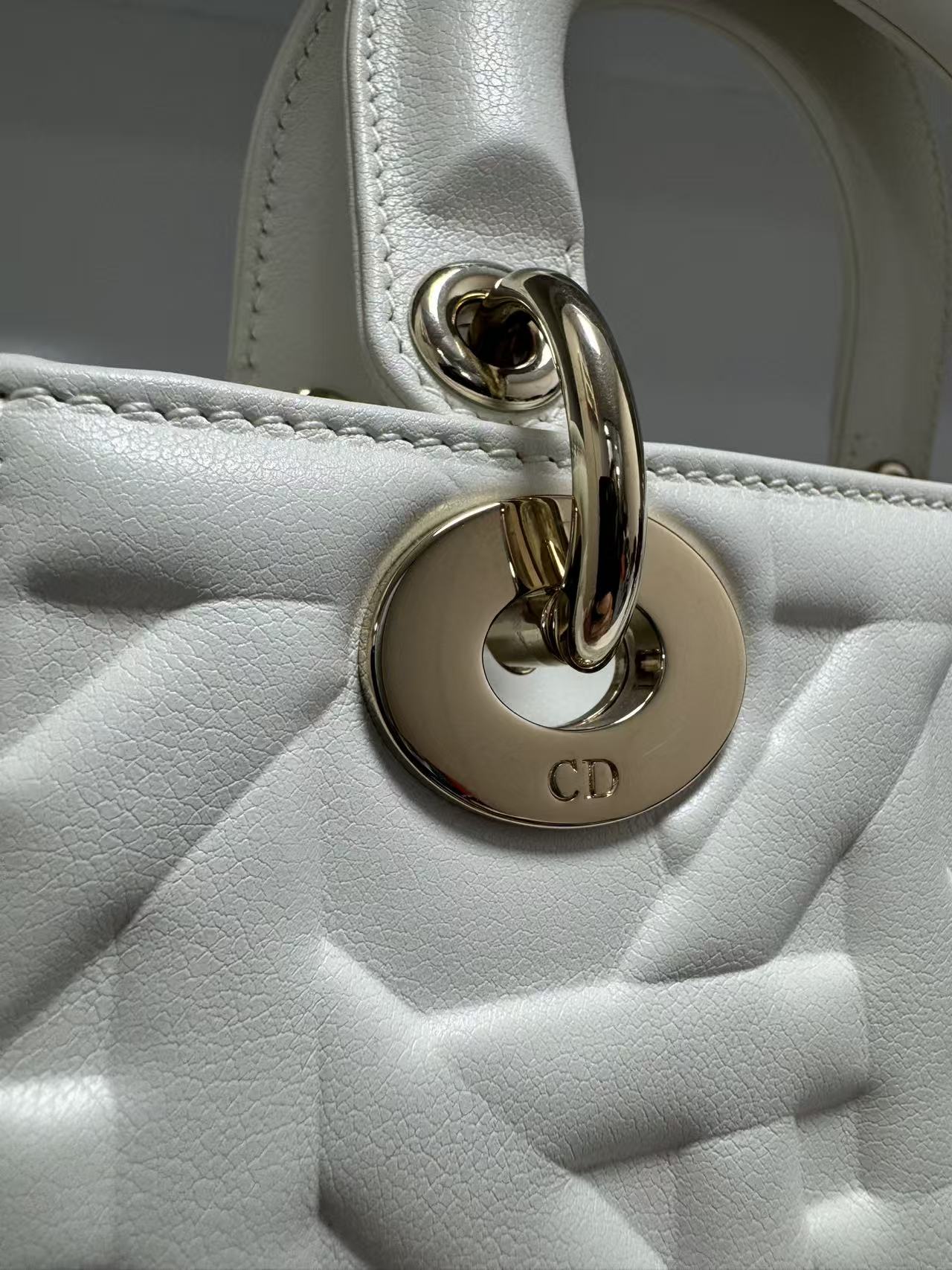 Pre-owned Certified Dior Small Lady Dior Cream White Lambskin Cannage with Light Golden Hardware, 2024, w/ full set