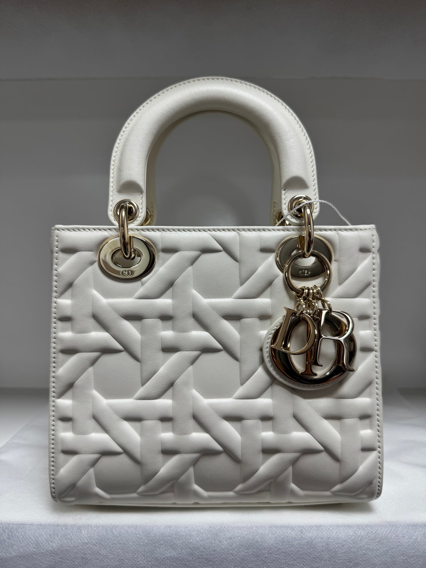 Pre-owned Certified Dior Small Lady Dior Cream White Lambskin Cannage with Light Golden Hardware, 2024, w/ full set