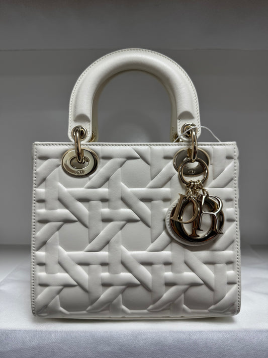 Pre-owned Certified Dior Small Lady Dior Cream White Lambskin Cannage with Light Golden Hardware, 2024, w/ full set
