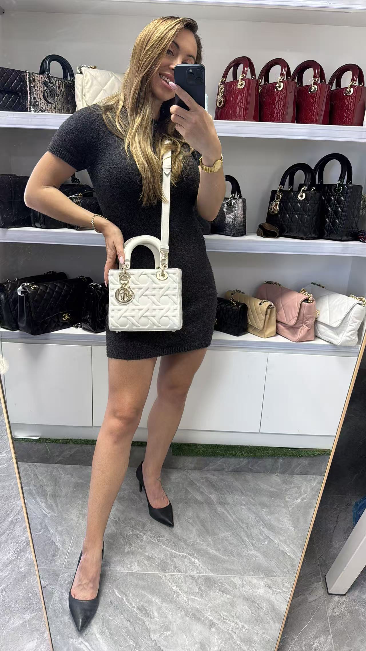 Pre-owned Certified Dior Small Lady Dior Cream White Lambskin Cannage with Light Golden Hardware, 2024, w/ full set