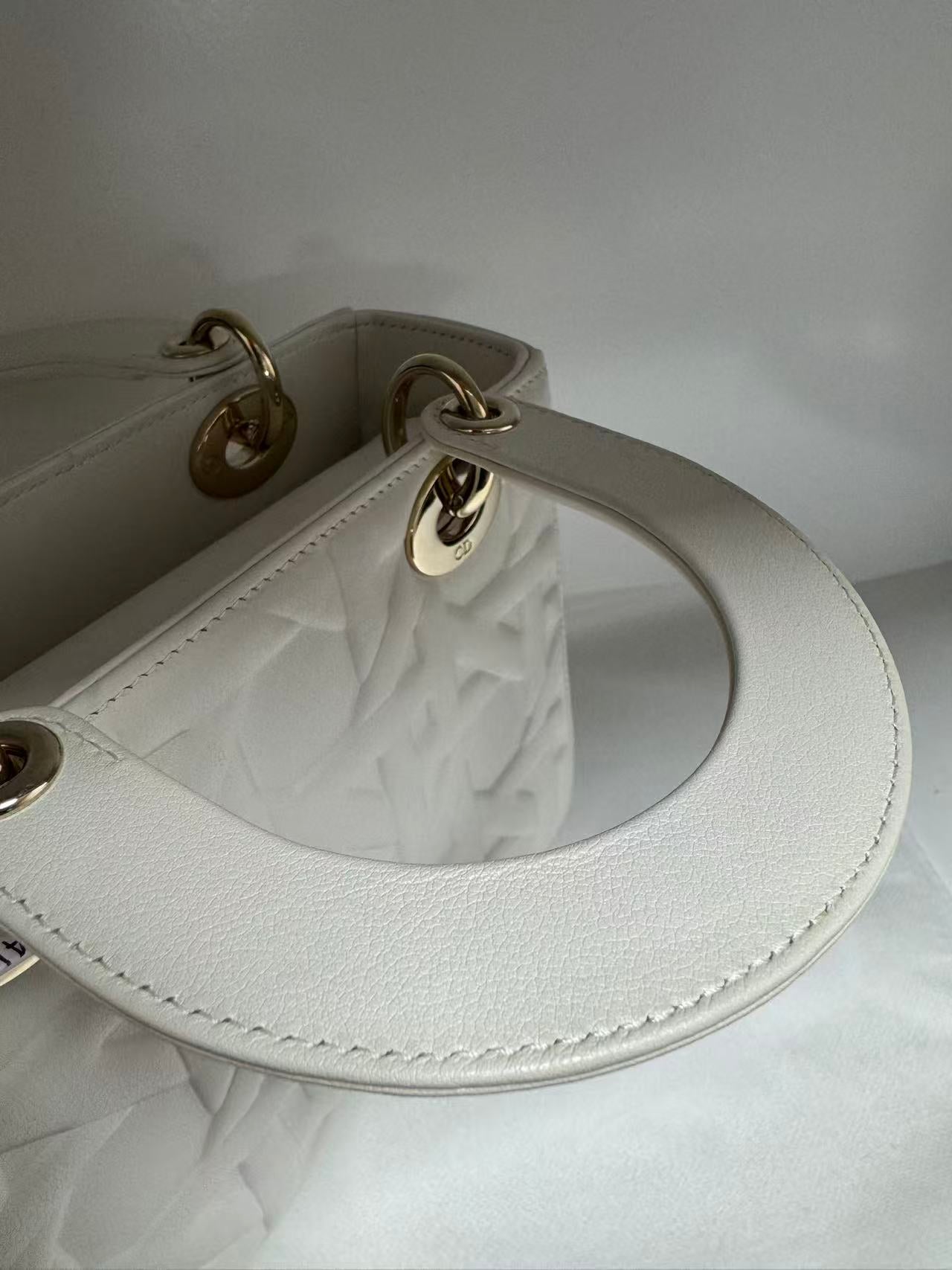 Pre-owned Certified Dior Small Lady Dior Cream White Lambskin Cannage with Light Golden Hardware, 2024, w/ full set