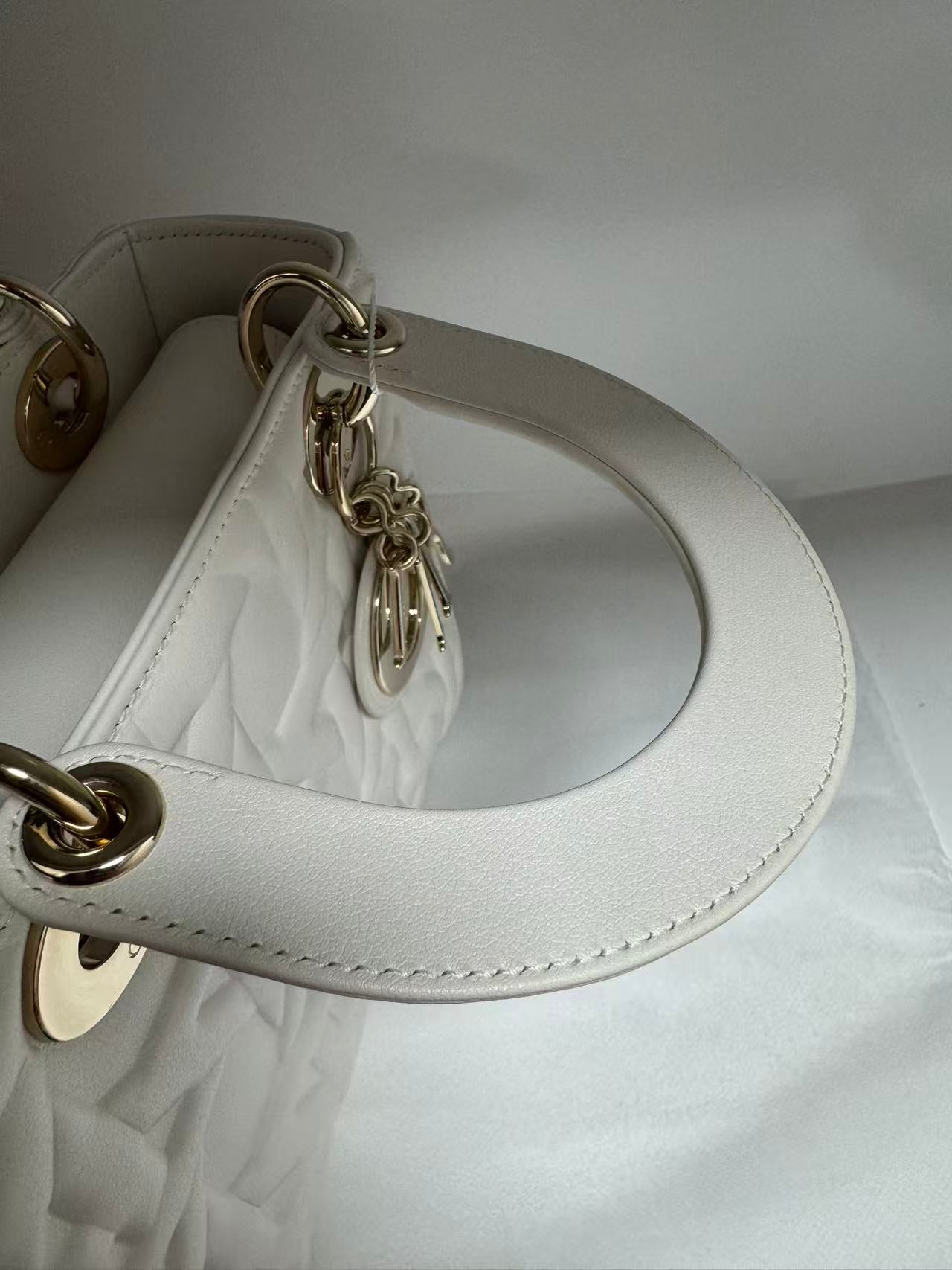 Pre-owned Certified Dior Small Lady Dior Cream White Lambskin Cannage with Light Golden Hardware, 2024, w/ full set