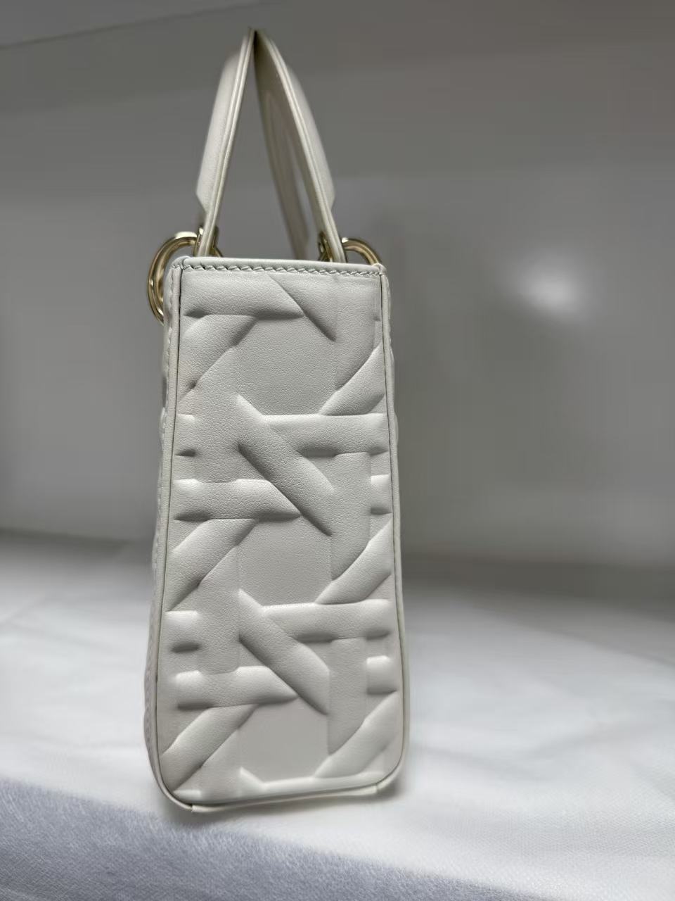 Pre-owned Certified Dior Small Lady Dior Cream White Lambskin Cannage with Light Golden Hardware, 2024, w/ full set