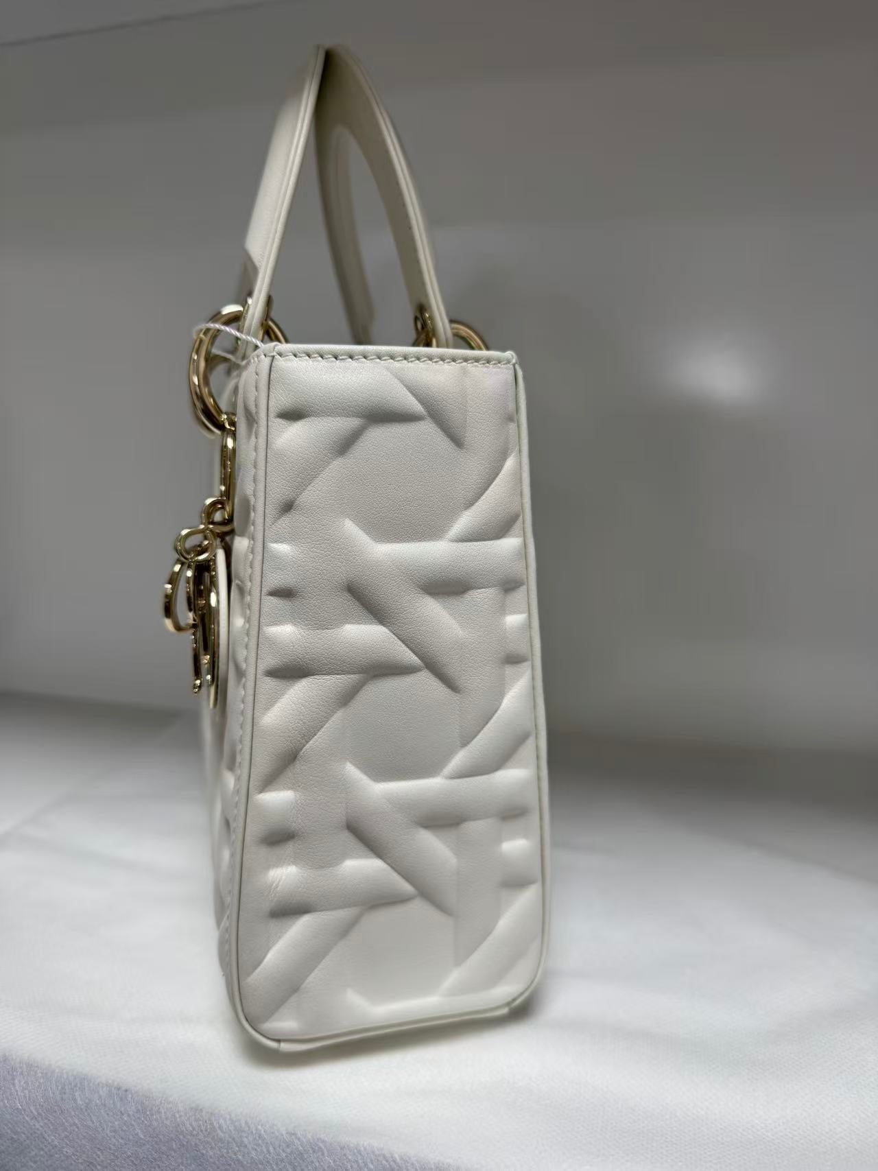 Pre-owned Certified Dior Small Lady Dior Cream White Lambskin Cannage with Light Golden Hardware, 2024, w/ full set