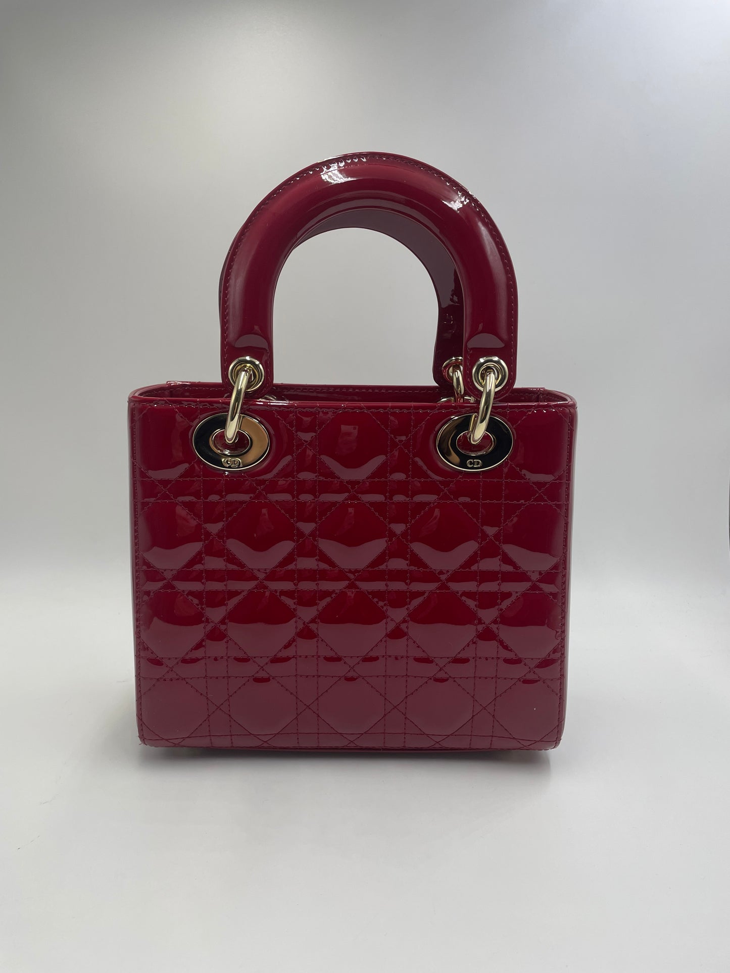 Pre-owned Certified Dior Small Lady Dior in Dark Cherry Red Patent Leather with Light Golden Hardware, 2020, w/ full set