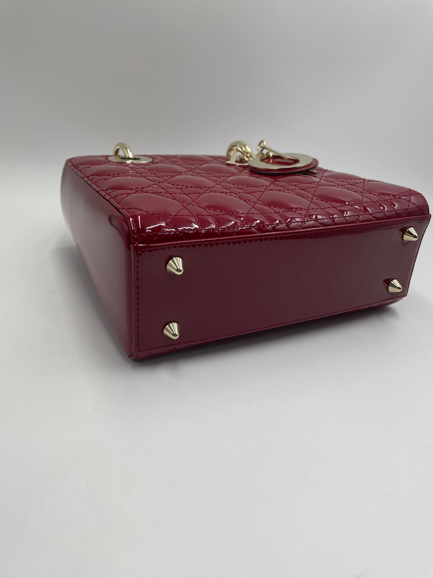 Pre-owned Certified Dior Small Lady Dior in Dark Cherry Red Patent Leather with Light Golden Hardware, 2020, w/ full set