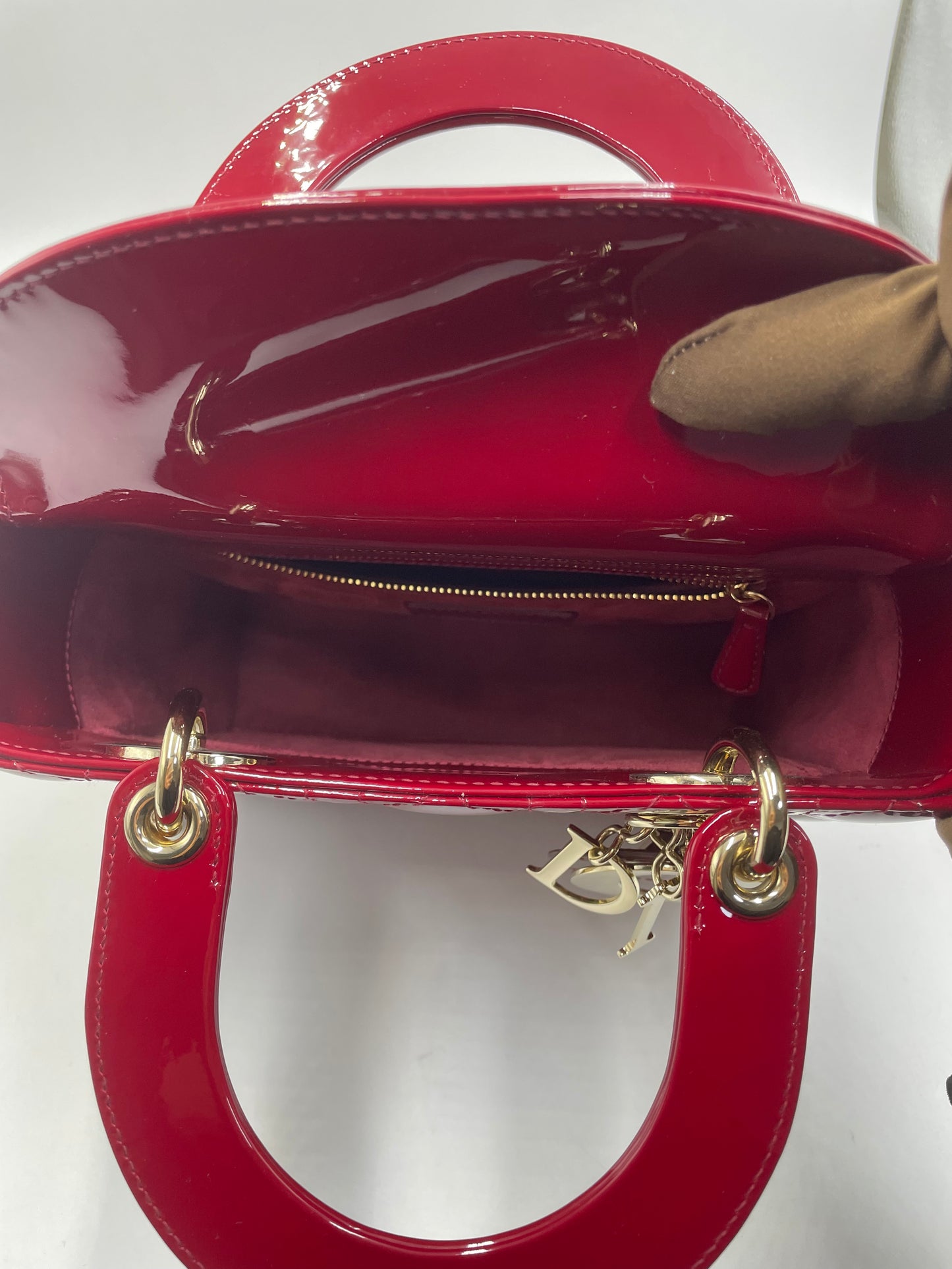 Pre-owned Certified Dior Small Lady Dior in Dark Cherry Red Patent Leather with Light Golden Hardware, 2020, w/ full set