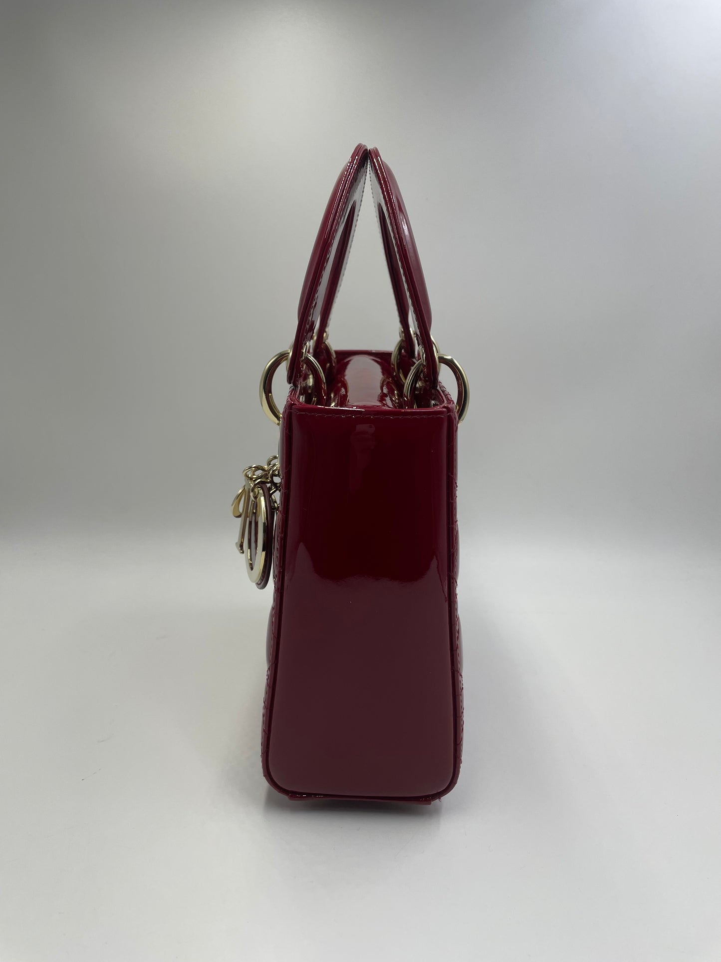 Pre-owned Certified Dior Small Lady Dior in Dark Cherry Red Patent Leather with Light Golden Hardware, 2020, w/ full set
