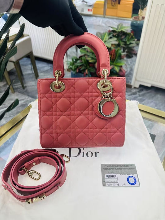 Pre-owned Certified Dior Small MyABC Lady Dior Coral Pink Lambskin Golden Hardware, 2020, w/ strap, Dior Card and dust bag