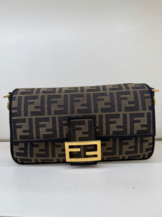 Pre-owned Certified Fendi Baguette Medium Zucca Monogram Canvas, w/ strap, top handle, dust bag